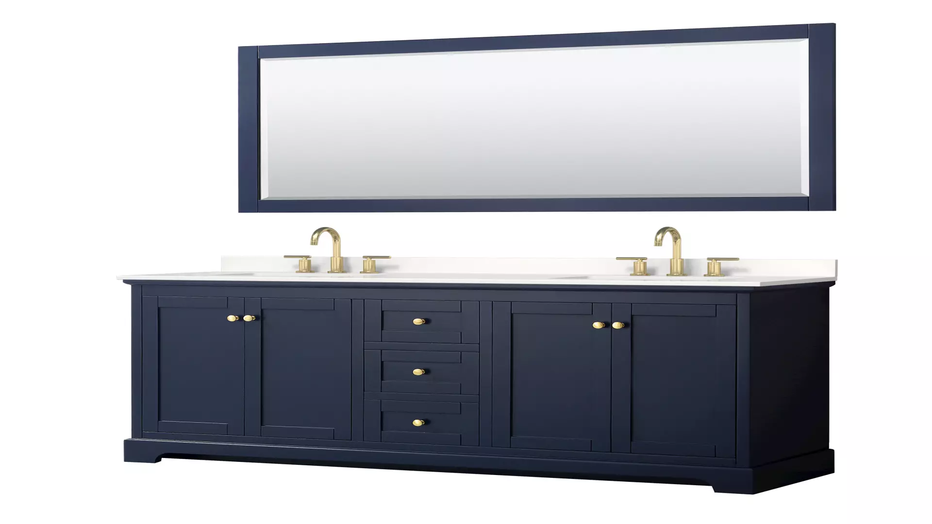 Avery 72 Inch Double Bathroom Vanity in Dark Blue, White Quartz Countertop, Undermount Square Sinks (3-Hole), Brushed Gold Trim, 70 Inch Mirror material