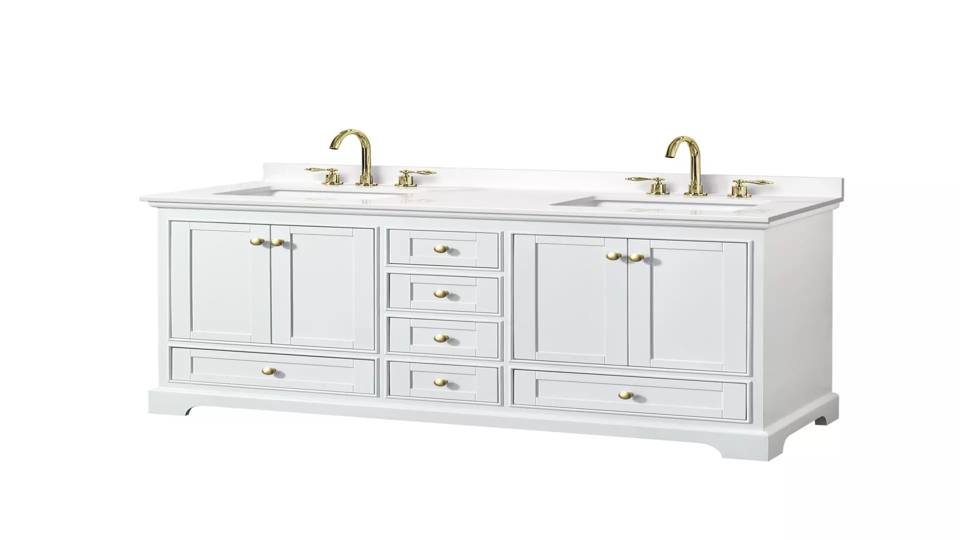 Deborah 60 Inch Double Bathroom Vanity in White, White Quartz Countertop, Undermount Square Sinks (3-Hole), Brushed Gold Trim material