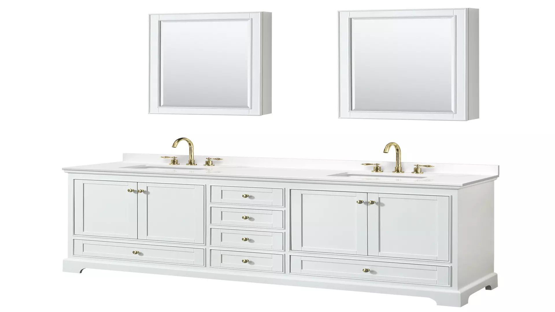 Deborah 80 Inch Double Bathroom Vanity in White, White Quartz Countertop, Undermount Square Sinks (3-Hole), Brushed Gold Trim, Medicine Cabinets material