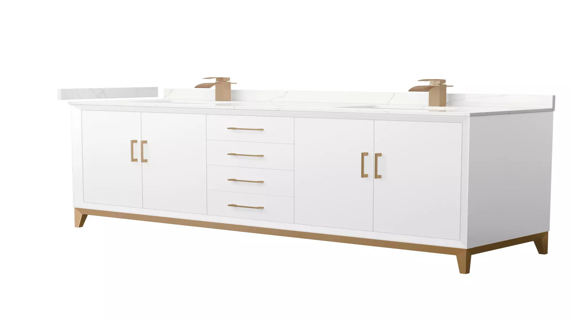 Amici 72 Inch Double Bathroom Vanity in White, Giotto Quartz Countertop, Undermount Square Sinks (1-Hole), Satin Bronze Trim material