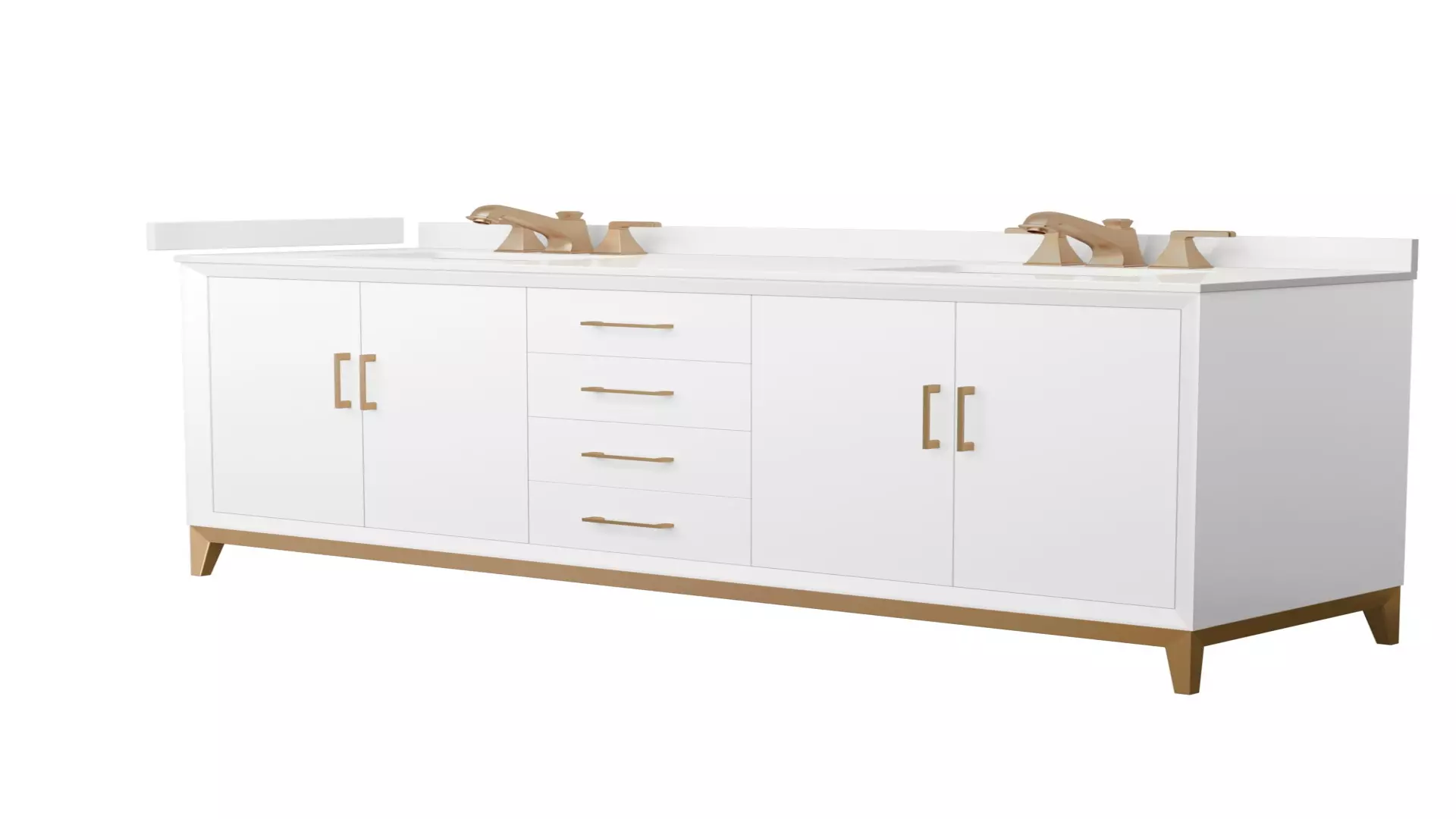 Amici 72 Inch Double Bathroom Vanity in White, White Quartz Countertop, Undermount Square Sinks (3-Hole), Satin Bronze Trim material