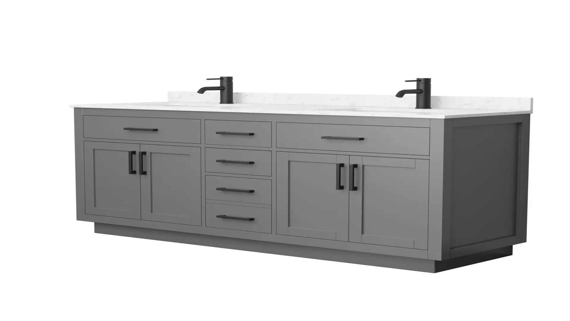 Beckett 66 Inch Double Bathroom Vanity with Toe Kick in Dark Gray, Carrara Cultured Marble Countertop, Undermount Square Sinks, Matte Black Trim material