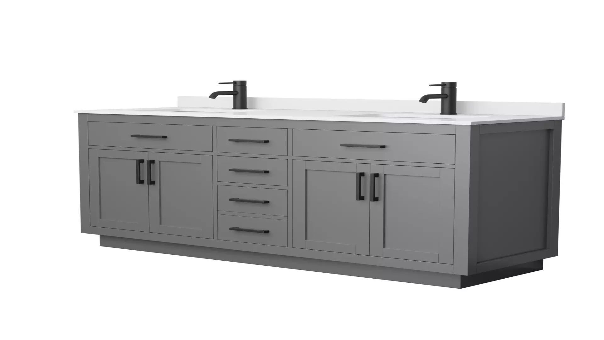 Beckett 66 Inch Double Bathroom Vanity with Toe Kick in Dark Gray, White Cultured Marble Countertop, Undermount Square Sinks, Matte Black Trim material