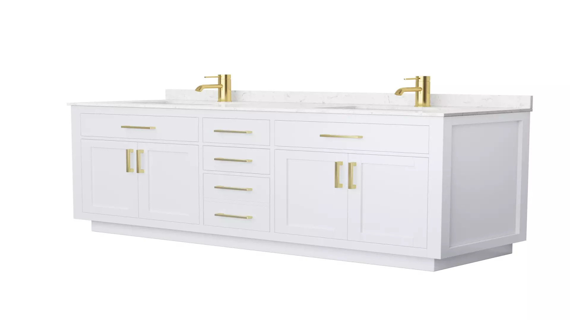 Beckett 66 Inch Double Bathroom Vanity with Toe Kick in White, Carrara Cultured Marble Countertop, Undermount Square Sinks, Brushed Gold Trim material