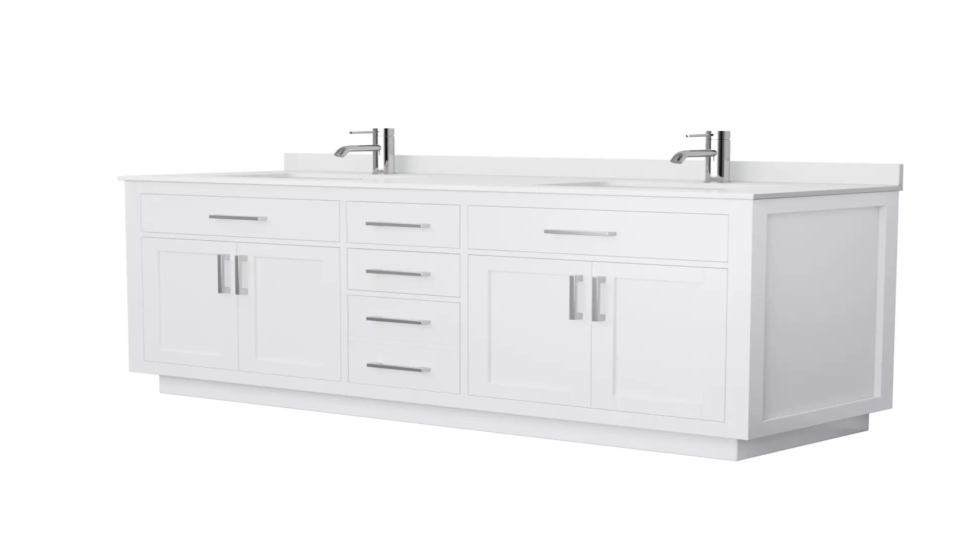 Beckett 66 Inch Double Bathroom Vanity with Toe Kick in White, White Cultured Marble Countertop, Undermount Square Sinks, Brushed Nickel Trim material