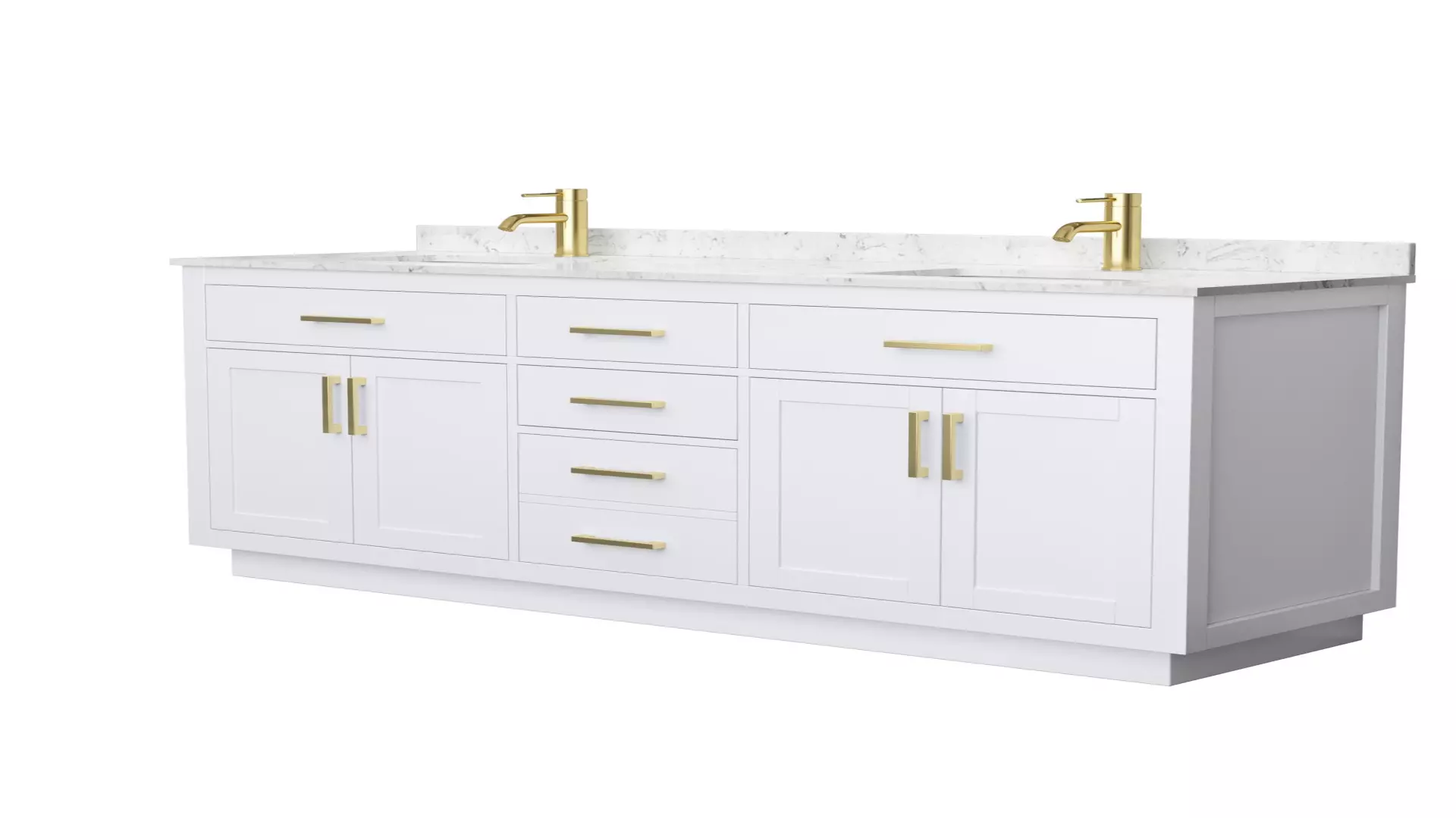 Beckett 72 Inch Double Bathroom Vanity with Toe Kick in White, Carrara Cultured Marble Countertop, Undermount Square Sinks, Brushed Gold Trim material