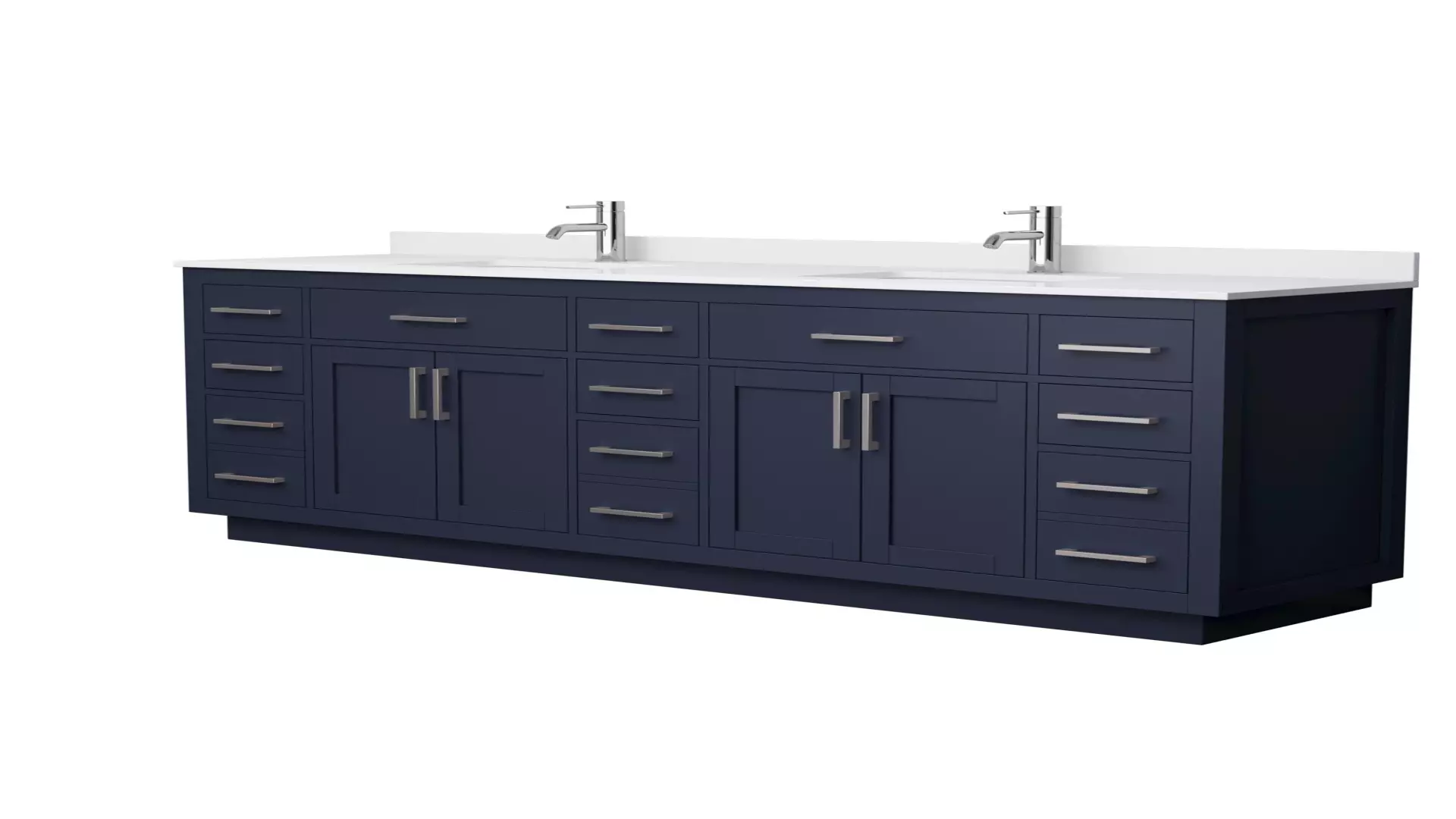 Beckett 84 Inch Double Bathroom Vanity with Toe Kick in Dark Blue, White Cultured Marble Countertop, Undermount Square Sinks, Brushed Nickel Trim material