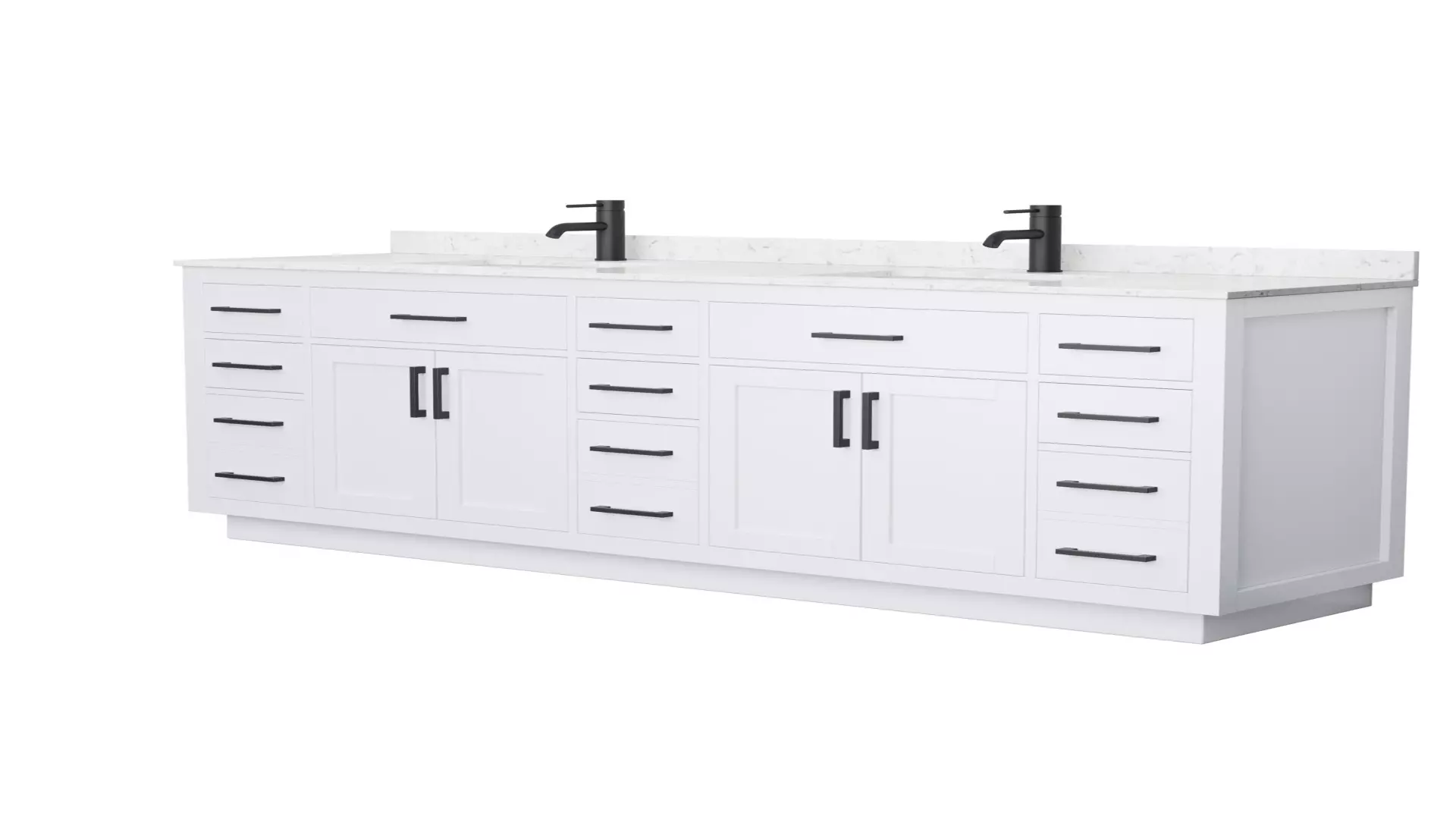 Beckett 84 Inch Double Bathroom Vanity with Toe Kick in White, Carrara Cultured Marble Countertop, Undermount Square Sinks, Matte Black Trim material