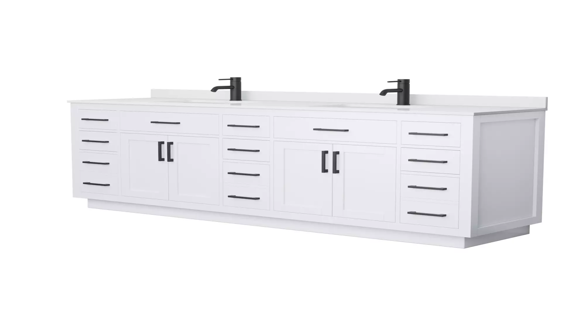 Beckett 84 Inch Double Bathroom Vanity with Toe Kick in White, White Cultured Marble Countertop, Undermount Square Sinks, Matte Black Trim material