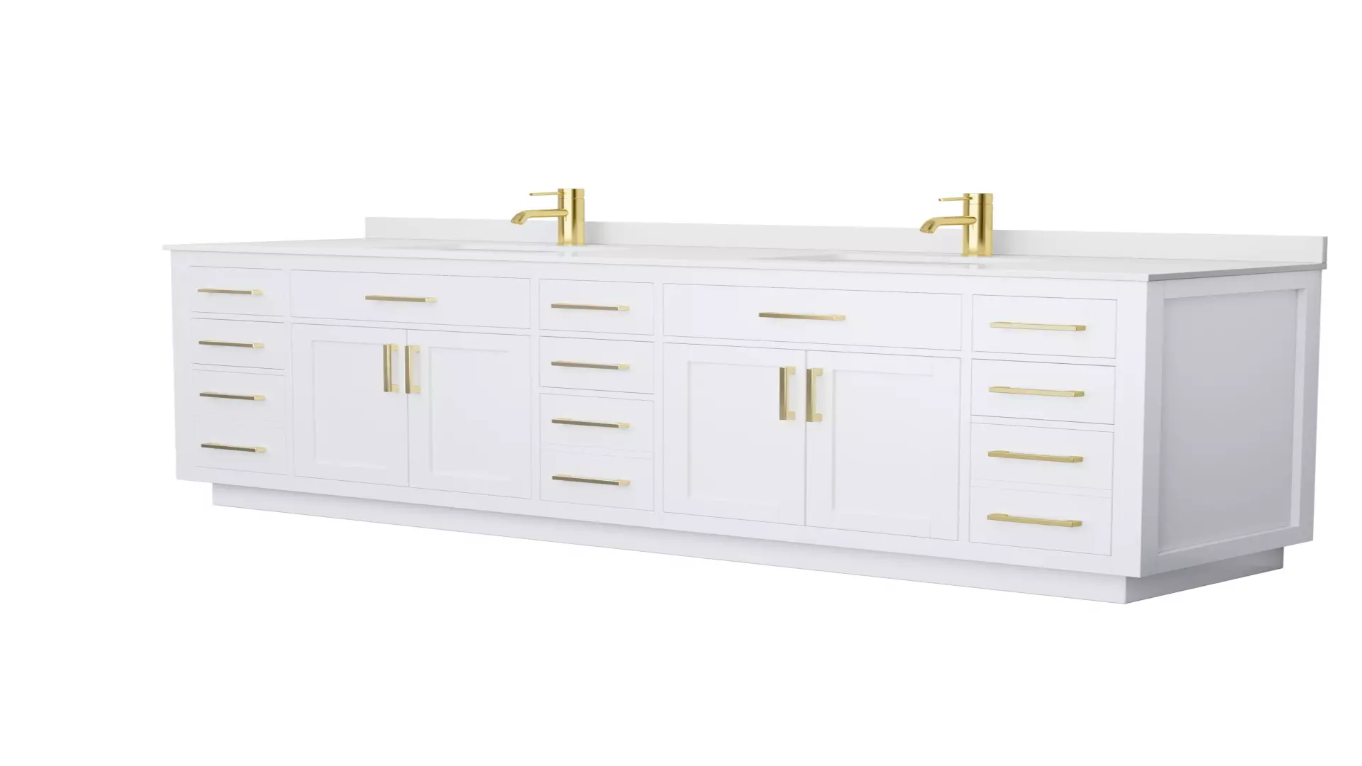 Beckett 84 Inch Double Bathroom Vanity with Toe Kick in White, White Cultured Marble Countertop, Undermount Square Sinks, Brushed Gold Trim material