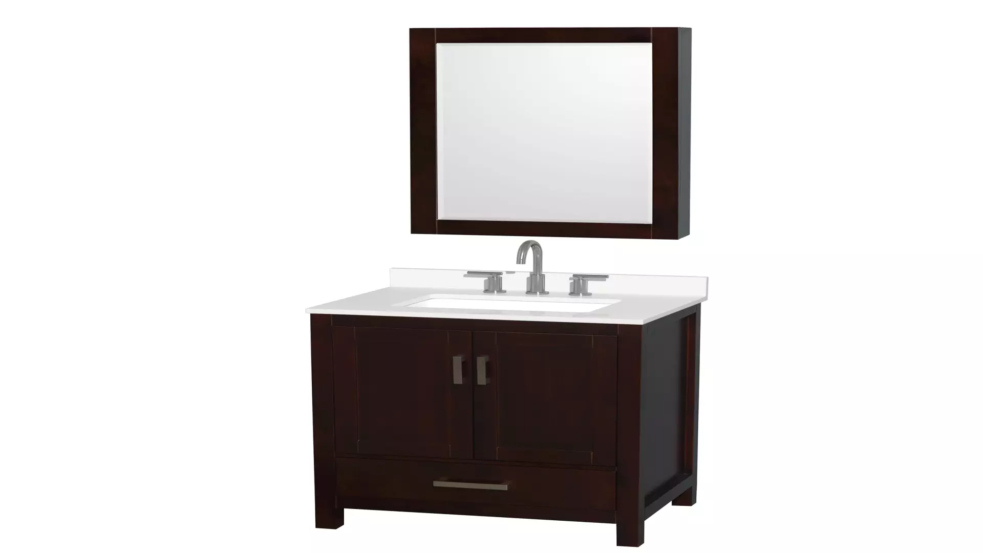 Sheffield 30 Inch Single Bathroom Vanity in Espresso, White Quartz Countertop, Undermount Square Sink (3-Hole), Brushed Chrome Trim, Medicine Cabinet material