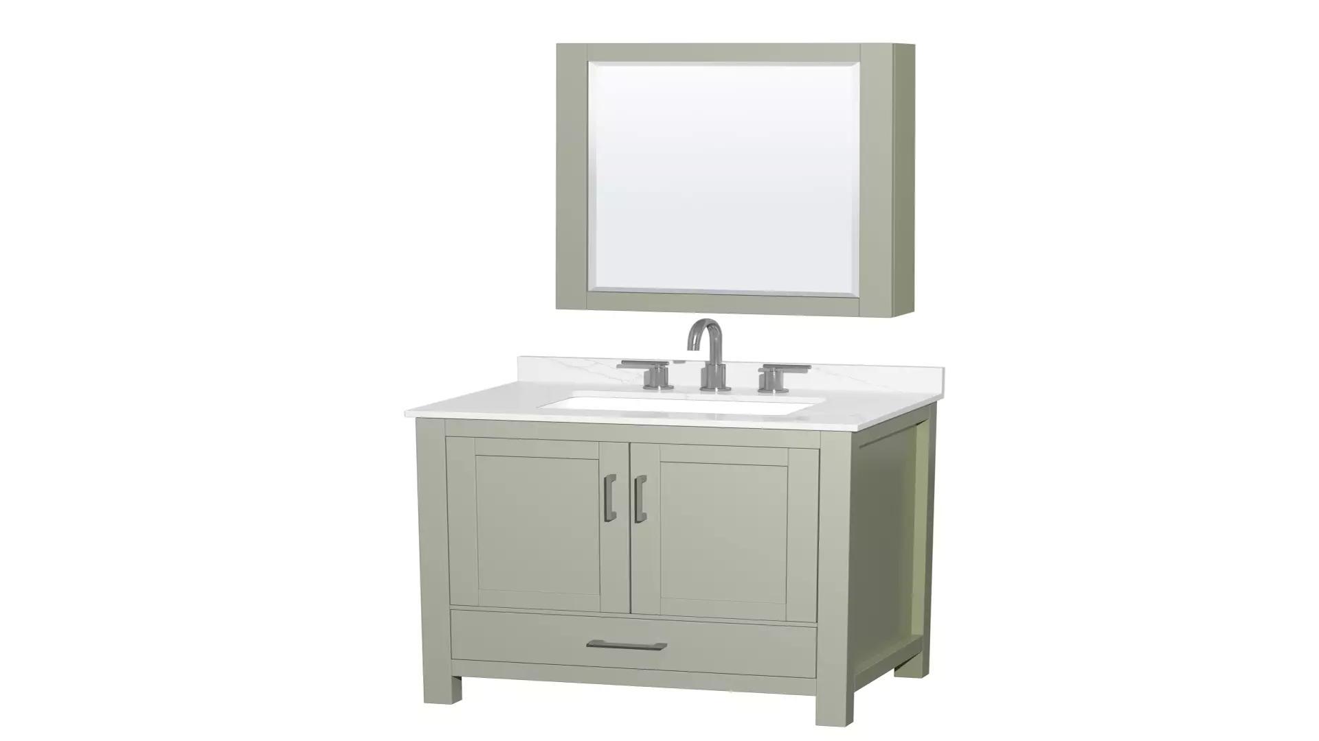 Sheffield 30 Inch Single Bathroom Vanity in Light Green, Giotto Quartz Countertop, Undermount Square Sink (3-Hole), Brushed Nickel Trim, Medicine Cabinet material