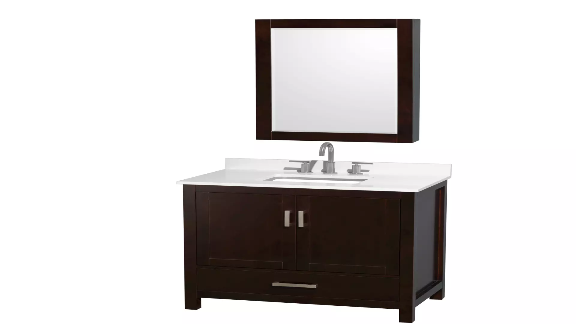 Sheffield 36 Inch Single Bathroom Vanity in Espresso, White Quartz Countertop, Undermount Square Sink (3-Hole), Brushed Chrome Trim, Medicine Cabinet material