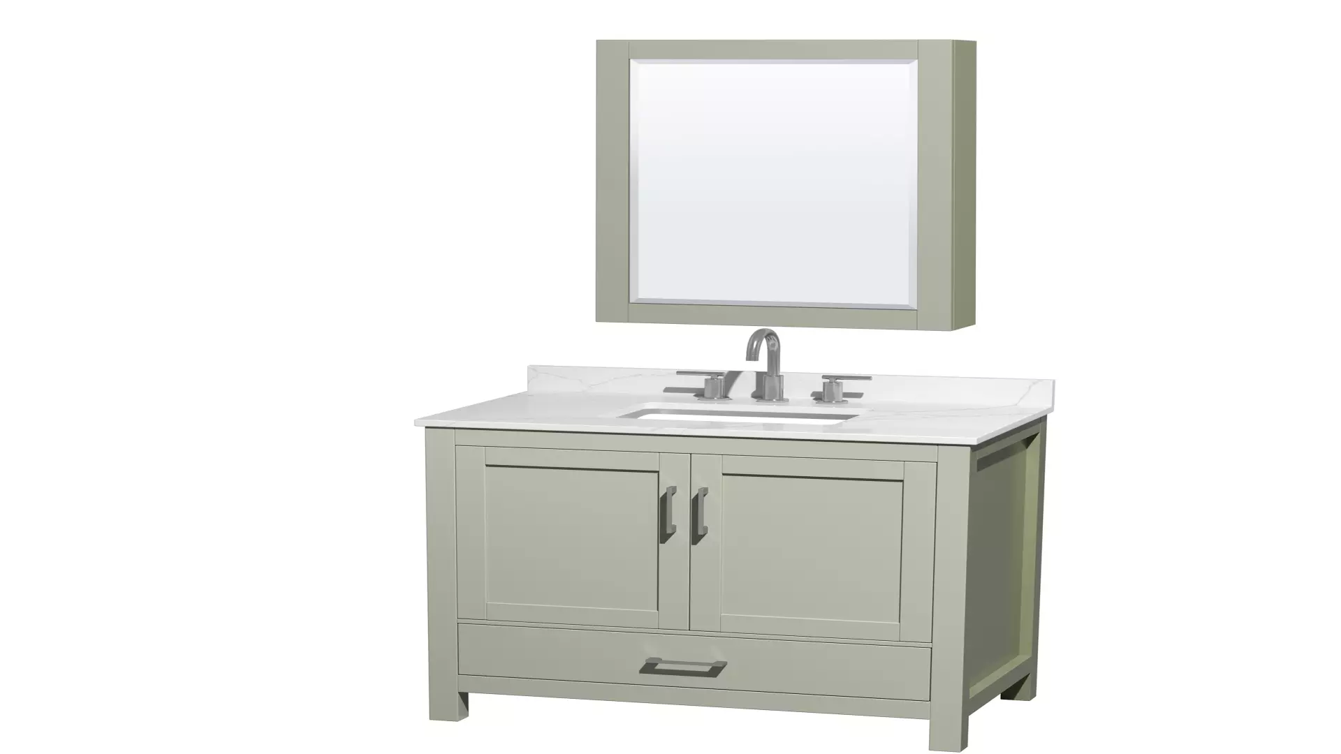 Sheffield 36 Inch Single Bathroom Vanity in Light Green, Giotto Quartz Countertop, Undermount Square Sink (3-Hole), Brushed Nickel Trim, Medicine Cabinet material