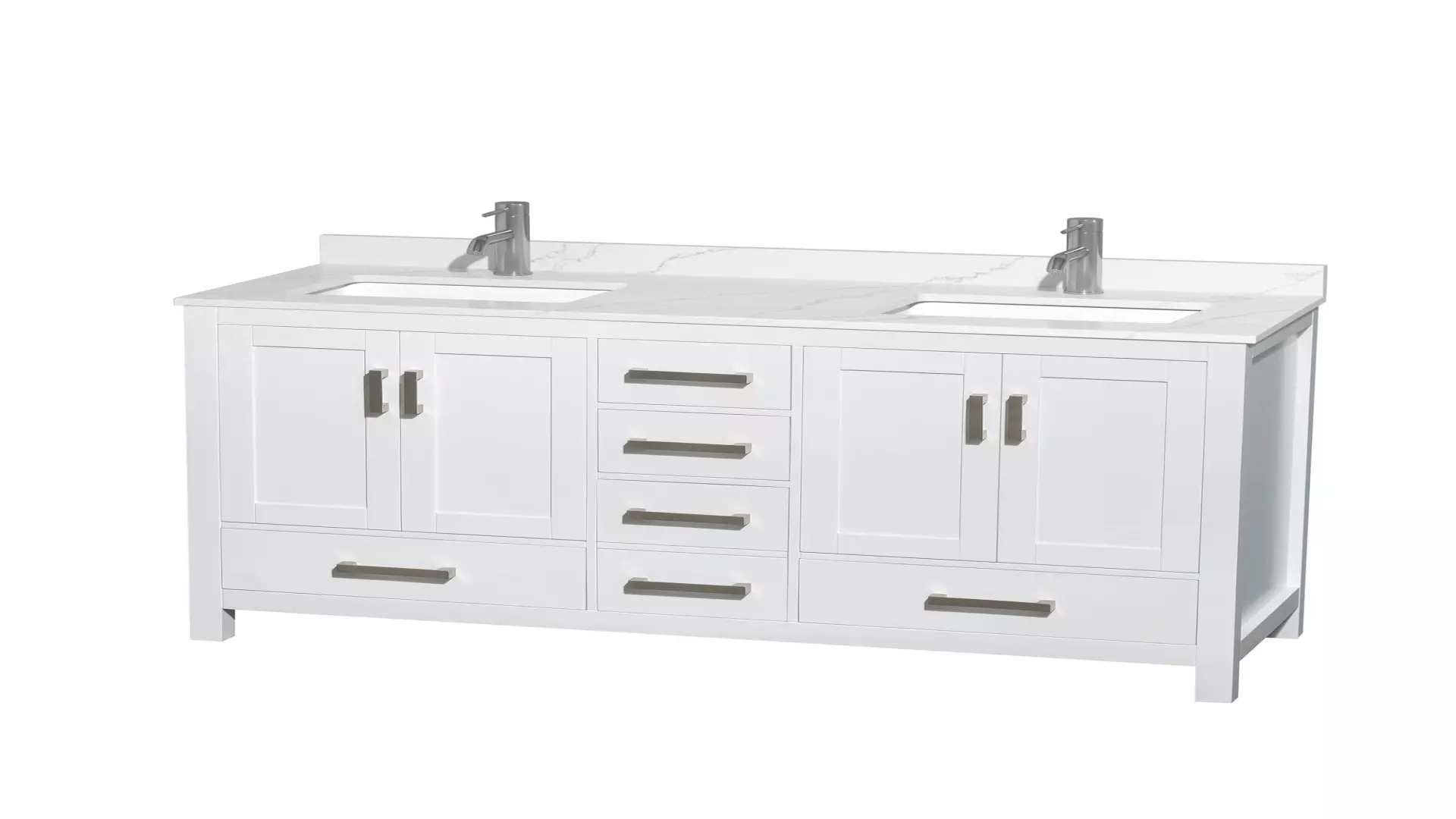 Sheffield 60 Inch Double Bathroom Vanity in White, Giotto Quartz Countertop, Undermount Square Sinks (1-Hole), Brushed Chrome Trim material