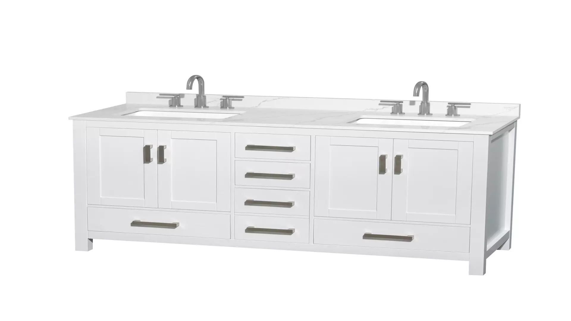 Sheffield 60 Inch Double Bathroom Vanity in White, Giotto Quartz Countertop, Undermount Square Sinks (3-Hole), Brushed Chrome Trim material