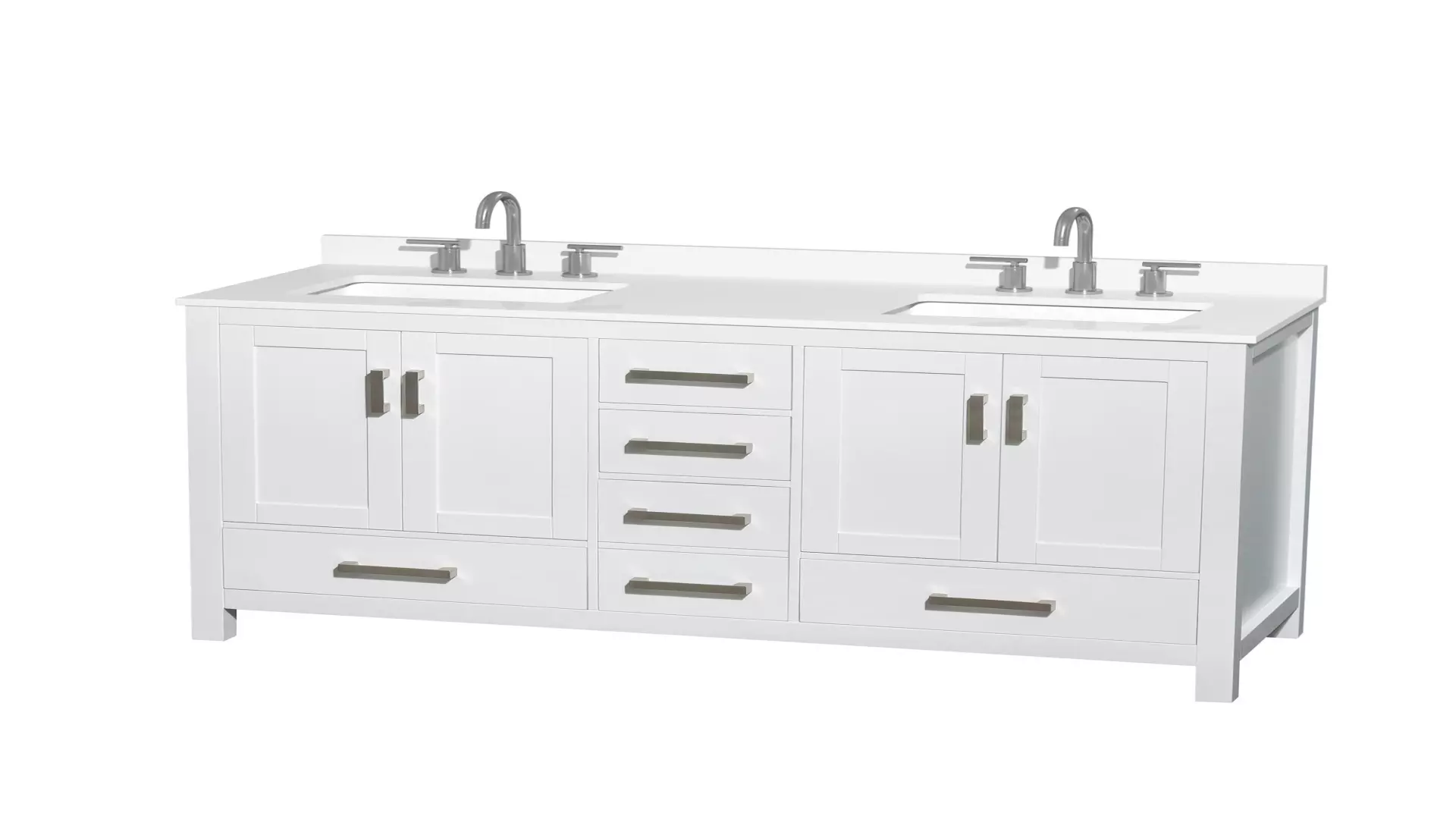 Sheffield 60 Inch Double Bathroom Vanity in White, White Quartz Countertop, Undermount Square Sinks (3-Hole), Brushed Chrome Trim material