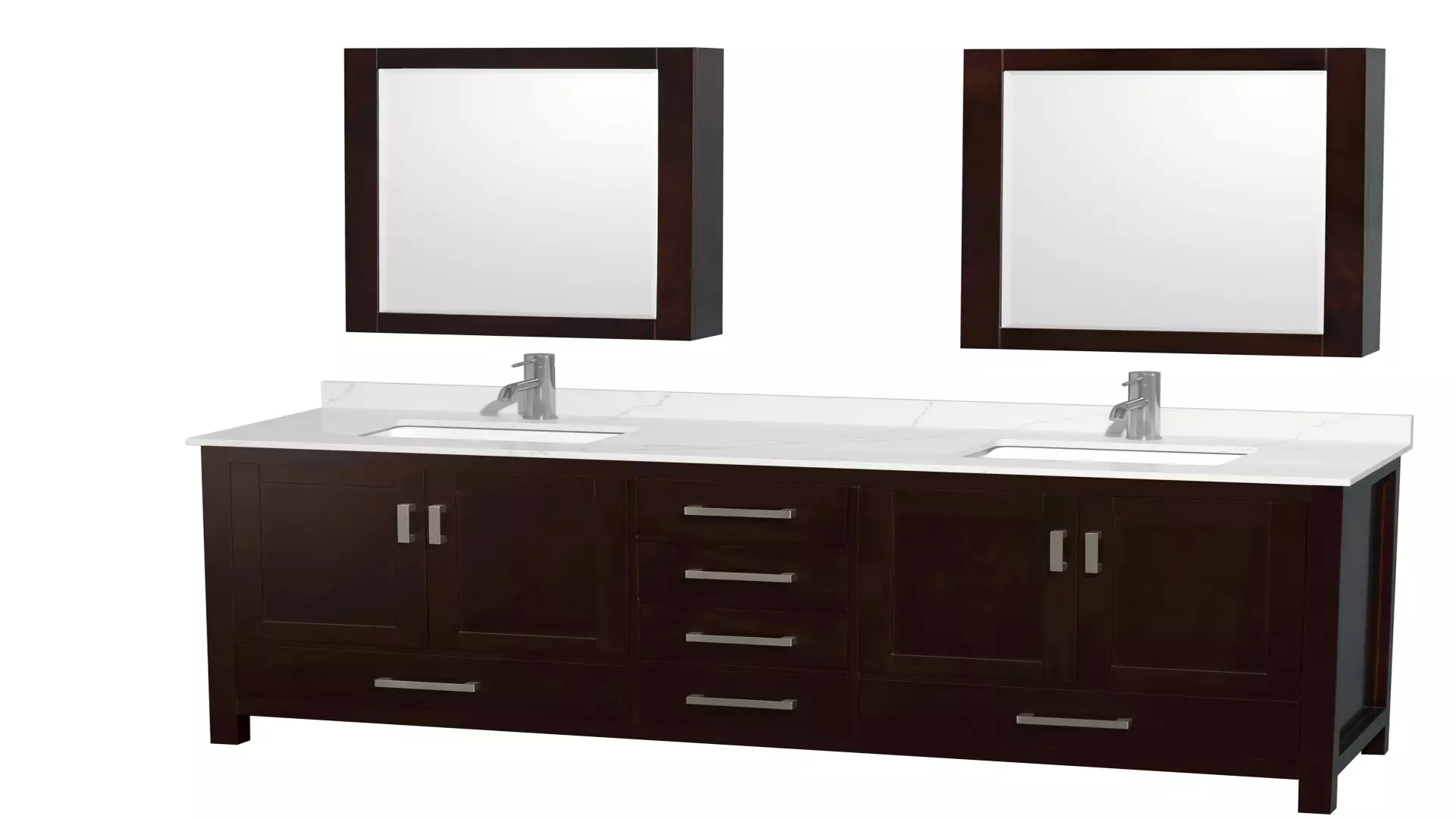Sheffield 72 Inch Double Bathroom Vanity in Espresso, Giotto Quartz Countertop, Undermount Square Sinks (1-Hole), Brushed Chrome Trim, Medicine Cabinets material