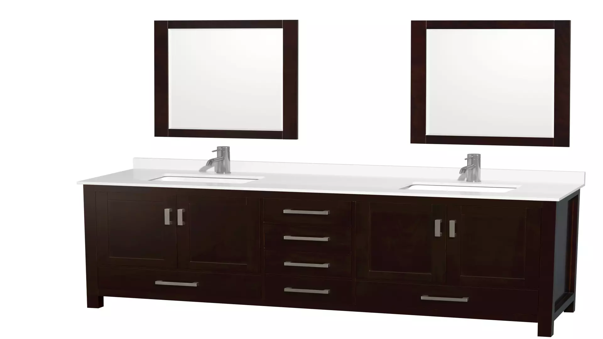 Sheffield 72 Inch Double Bathroom Vanity in Espresso, White Quartz Countertop, Undermount Square Sinks (1-Hole), Brushed Chrome Trim, 24 Inch Mirrors material