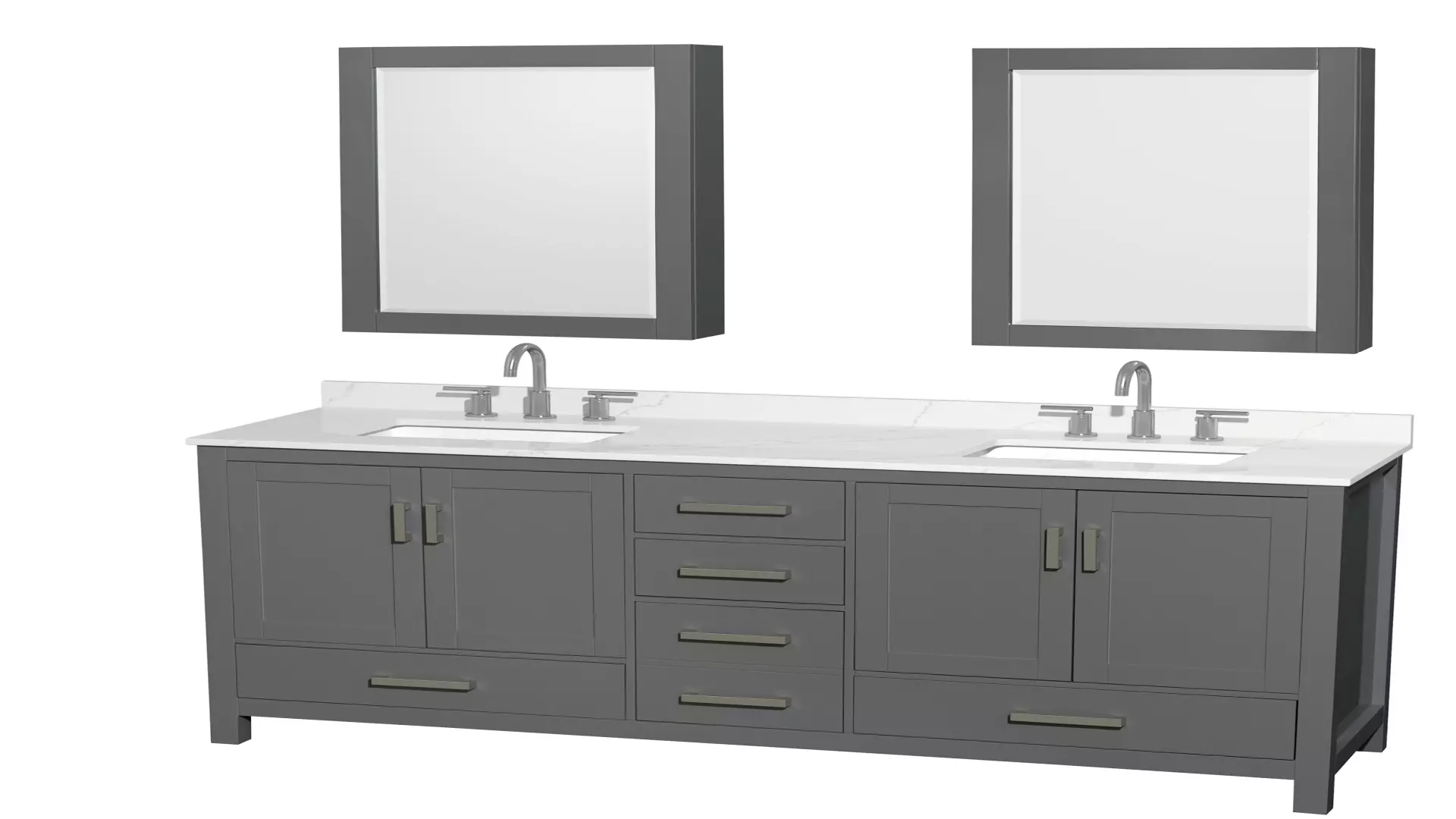 Sheffield 72 Inch Double Bathroom Vanity in Dark Gray, Giotto Quartz Countertop, Undermount Square Sinks (3-Hole), Brushed Chrome Trim, Medicine Cabinets material