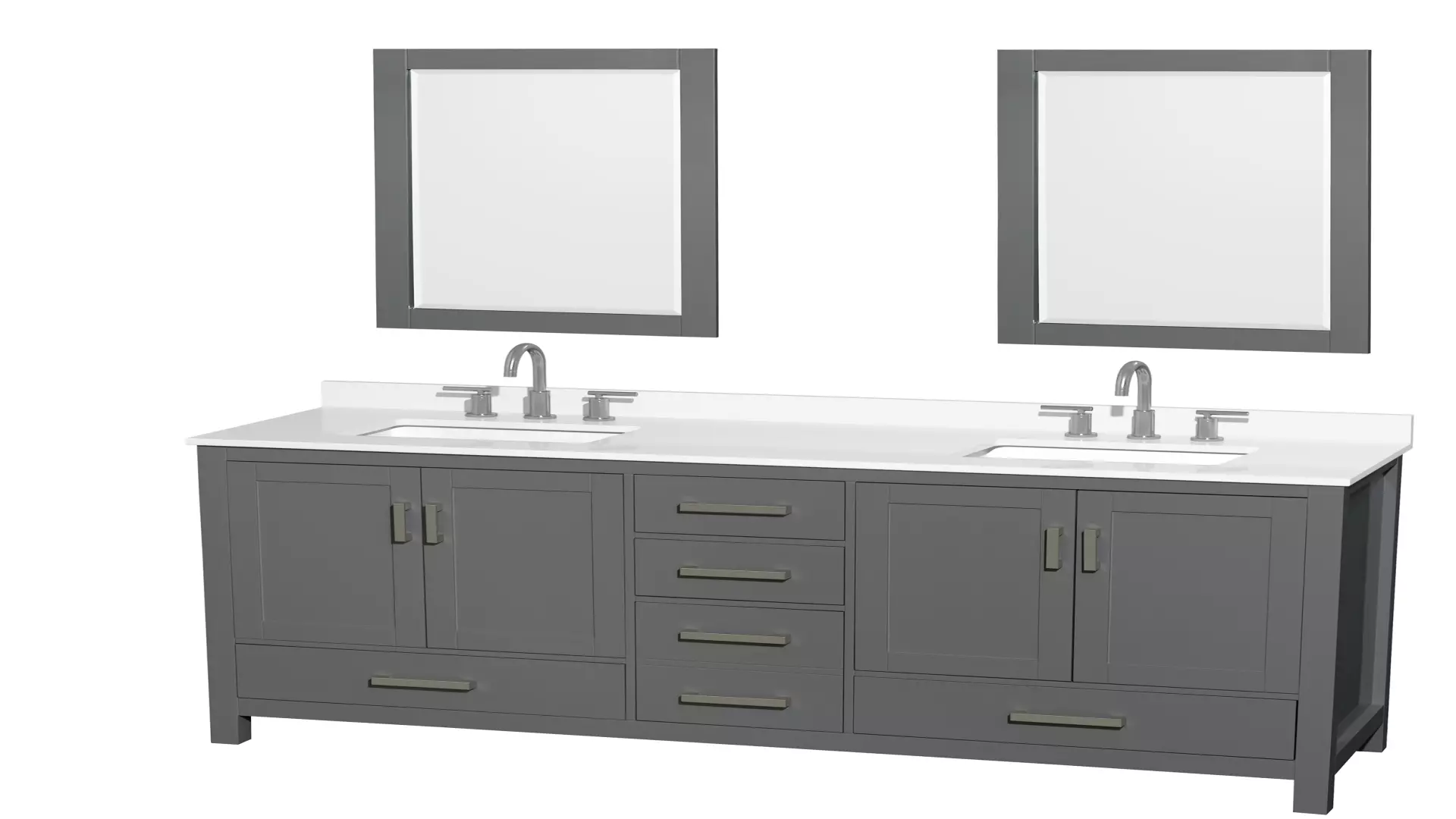 Sheffield 72 Inch Double Bathroom Vanity in Dark Gray, White Quartz Countertop, Undermount Square Sinks (3-Hole), Brushed Chrome Trim, 24 Inch Mirrors material