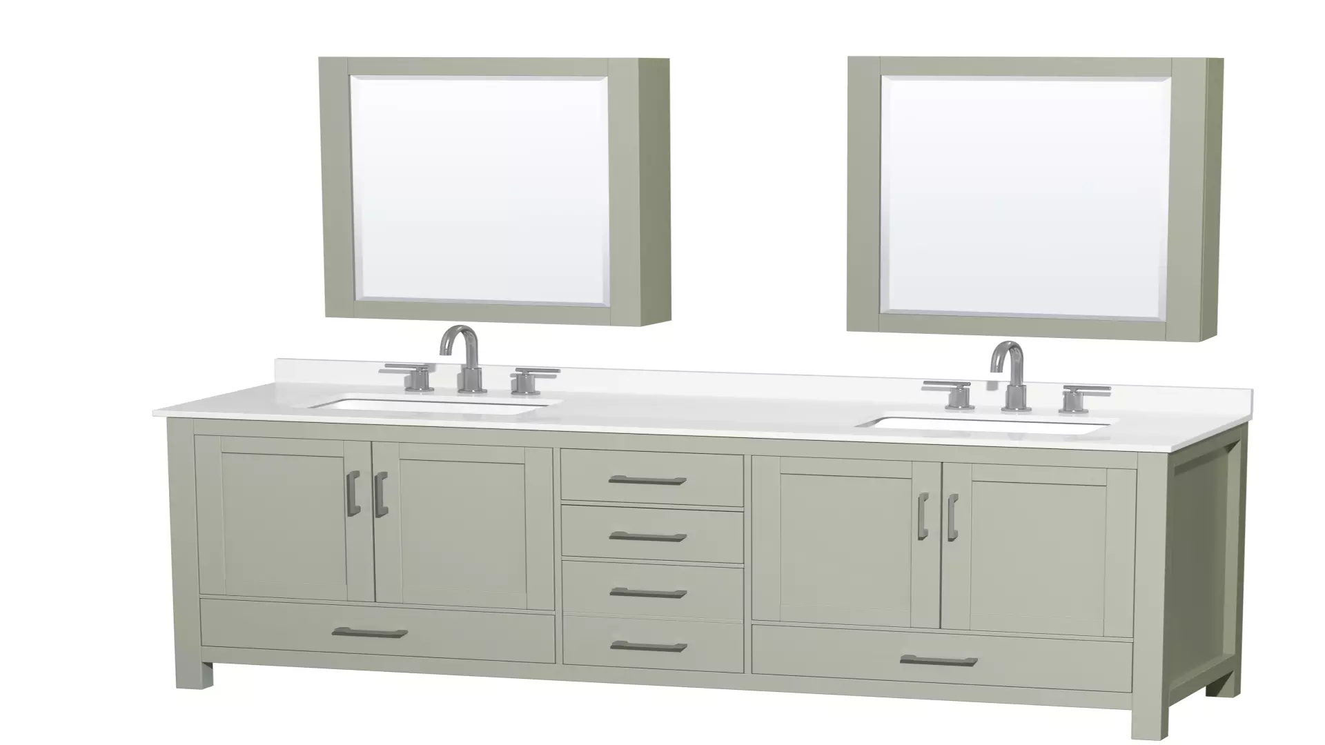 Sheffield 72 Inch Double Bathroom Vanity in Light Green, White Quartz Countertop, Undermount Square Sinks (3-Hole), Brushed Nickel Trim, Medicine Cabinets material