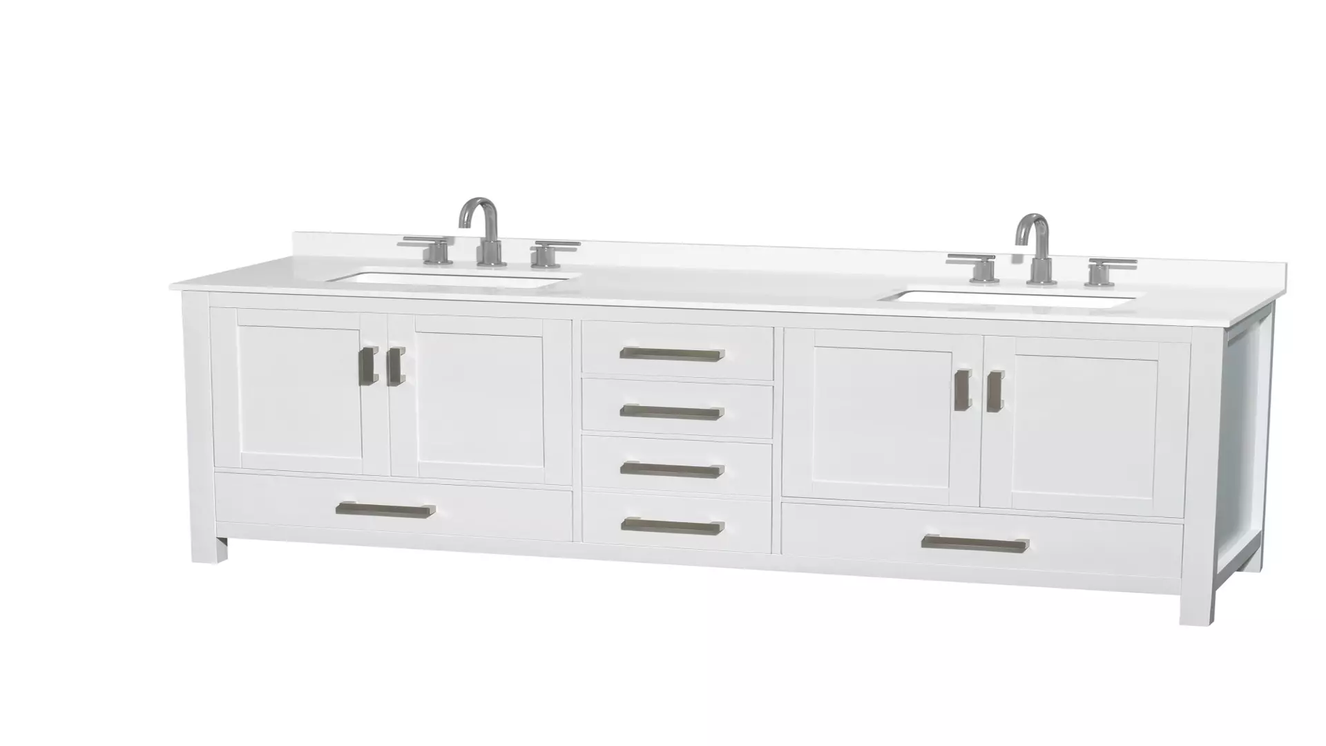 Sheffield 72 Inch Double Bathroom Vanity in White, White Quartz Countertop, Undermount Square Sinks (3-Hole), Brushed Chrome Trim material