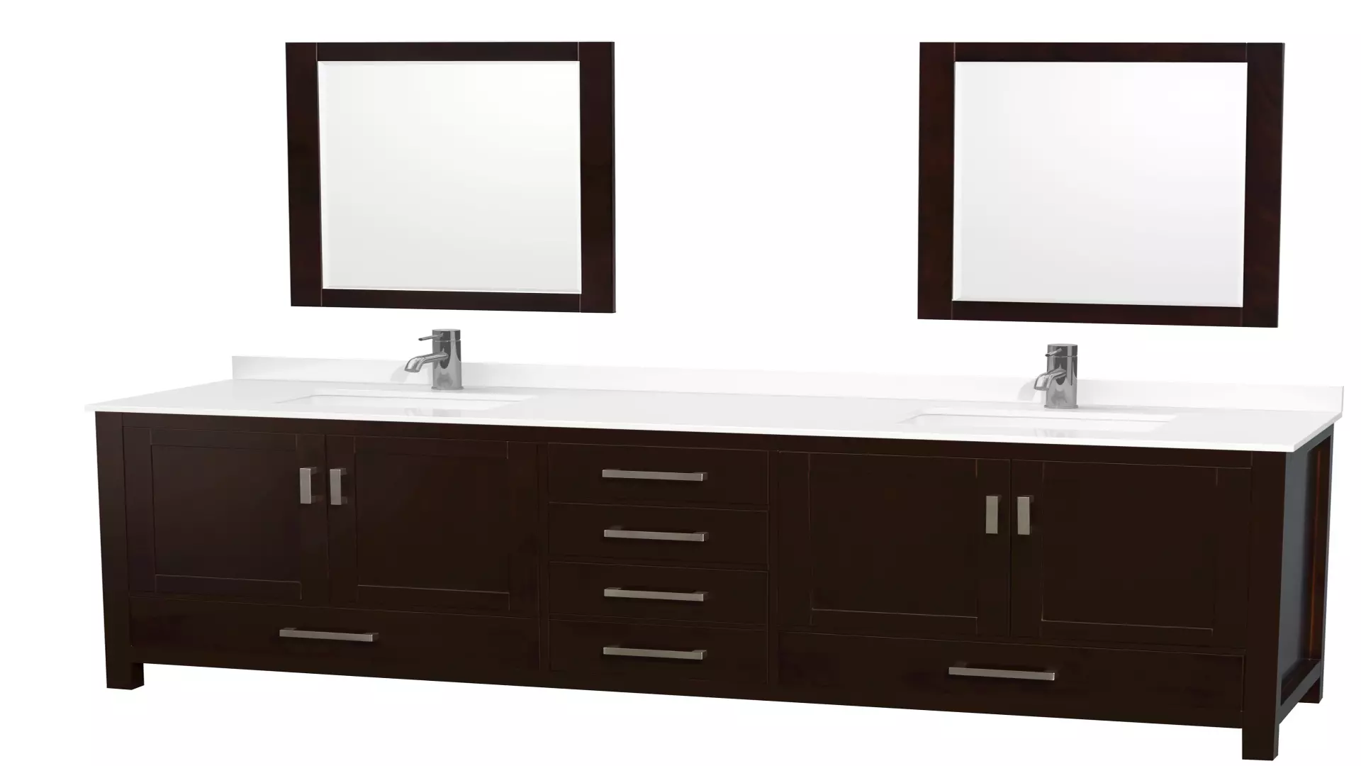 Sheffield 80 Inch Double Bathroom Vanity in Espresso, White Quartz Countertop, Undermount Square Sinks (1-Hole), Brushed Chrome Trim, 24 Inch Mirrors material