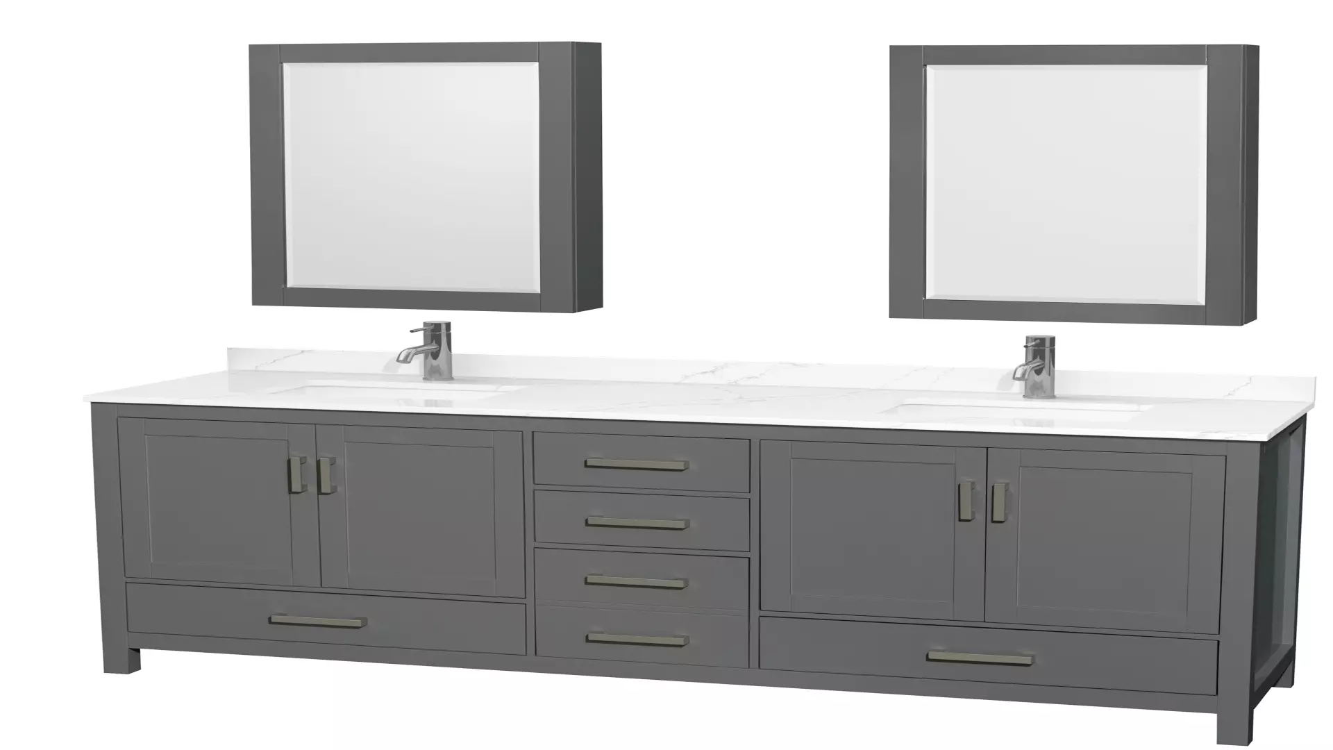 Sheffield 80 Inch Double Bathroom Vanity in Dark Gray, Giotto Quartz Countertop, Undermount Square Sinks (1-Hole), Brushed Chrome Trim, Medicine Cabinets material
