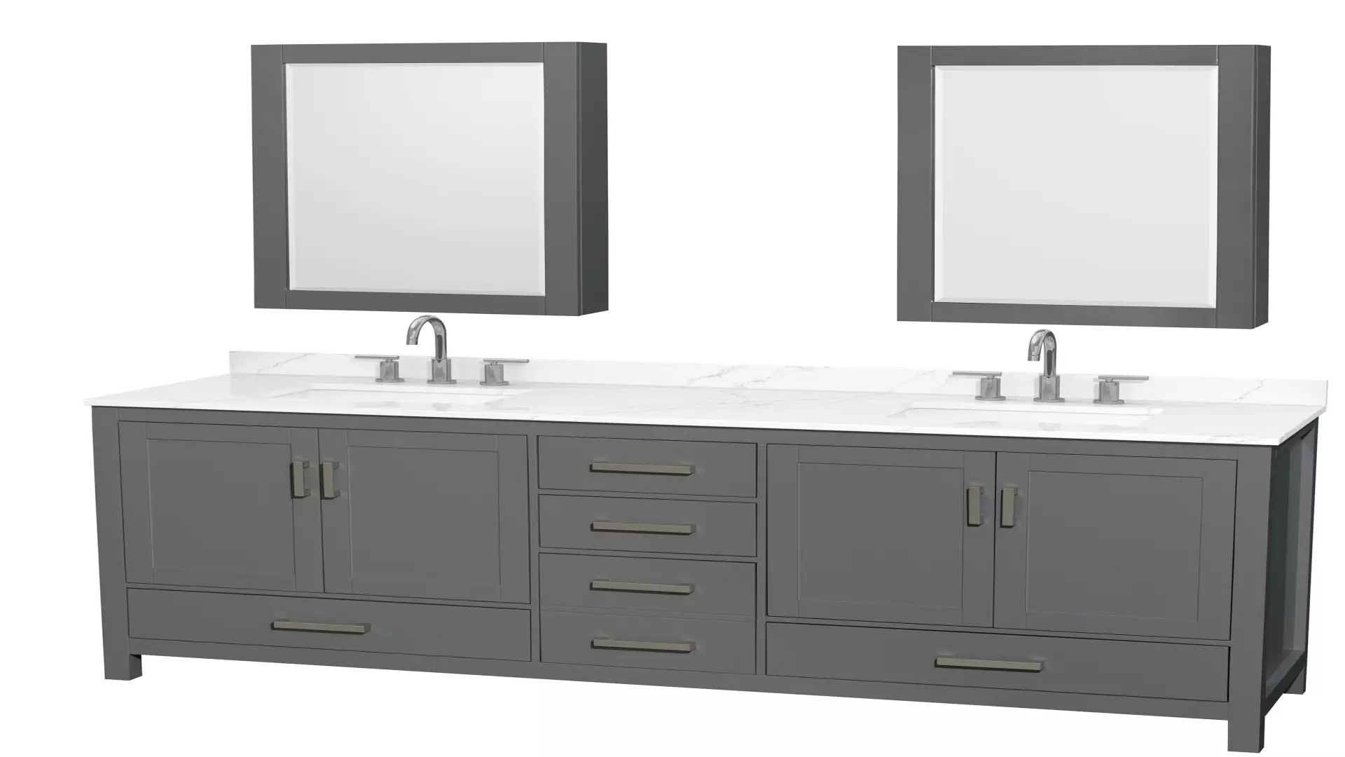 Sheffield 80 Inch Double Bathroom Vanity in Dark Gray, Giotto Quartz Countertop, Undermount Square Sinks (3-Hole), Brushed Chrome Trim, Medicine Cabinets material