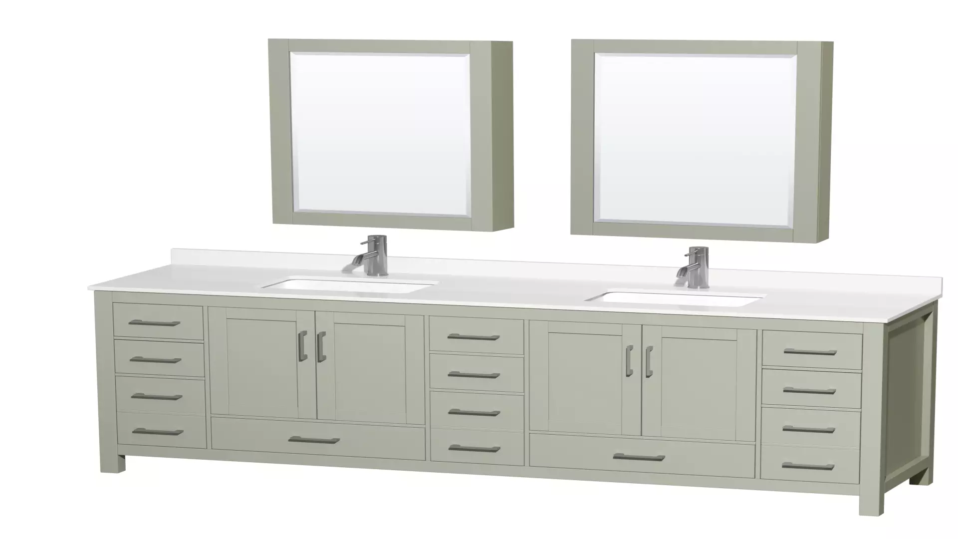 Sheffield 84 Inch Double Bathroom Vanity in Light Green, White Quartz Countertop, Undermount Square Sinks (1-Hole), Brushed Nickel Trim, Medicine Cabinets material