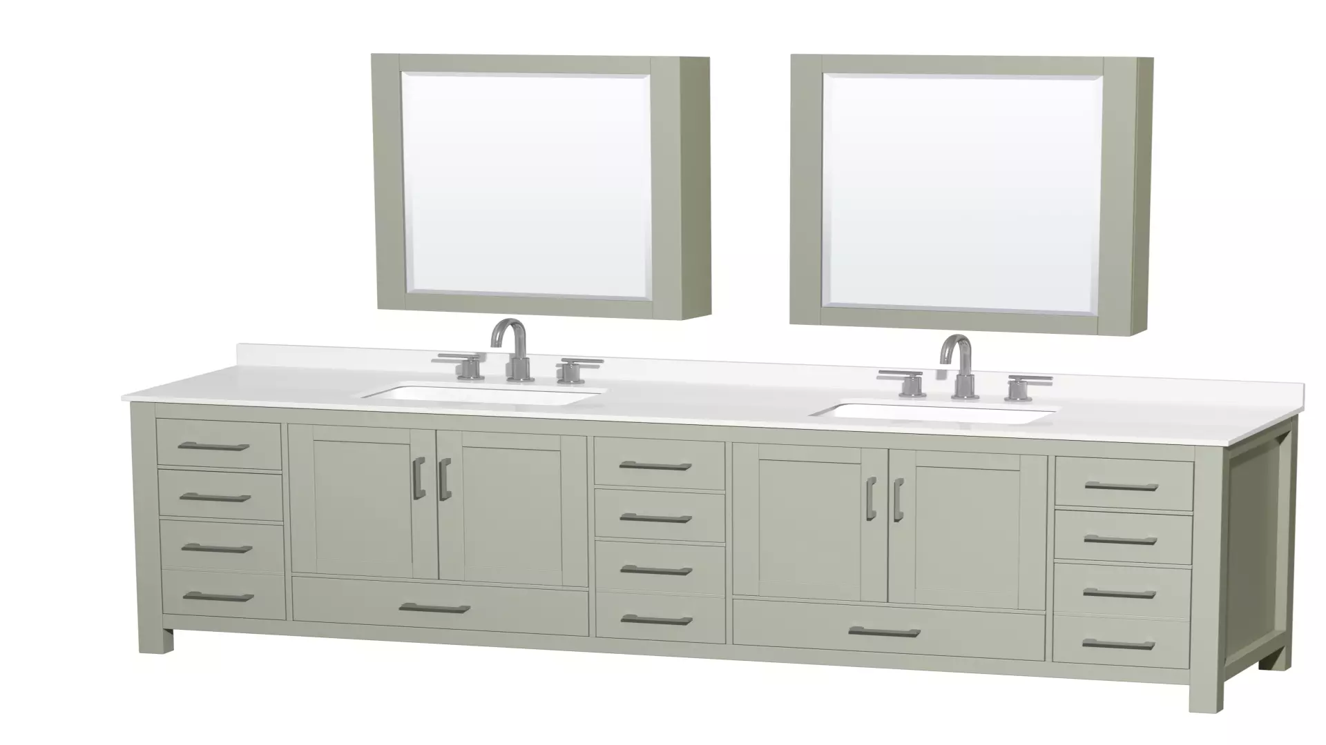 Sheffield 84 Inch Double Bathroom Vanity in Light Green, White Quartz Countertop, Undermount Square Sinks (3-Hole), Brushed Nickel Trim, Medicine Cabinets material