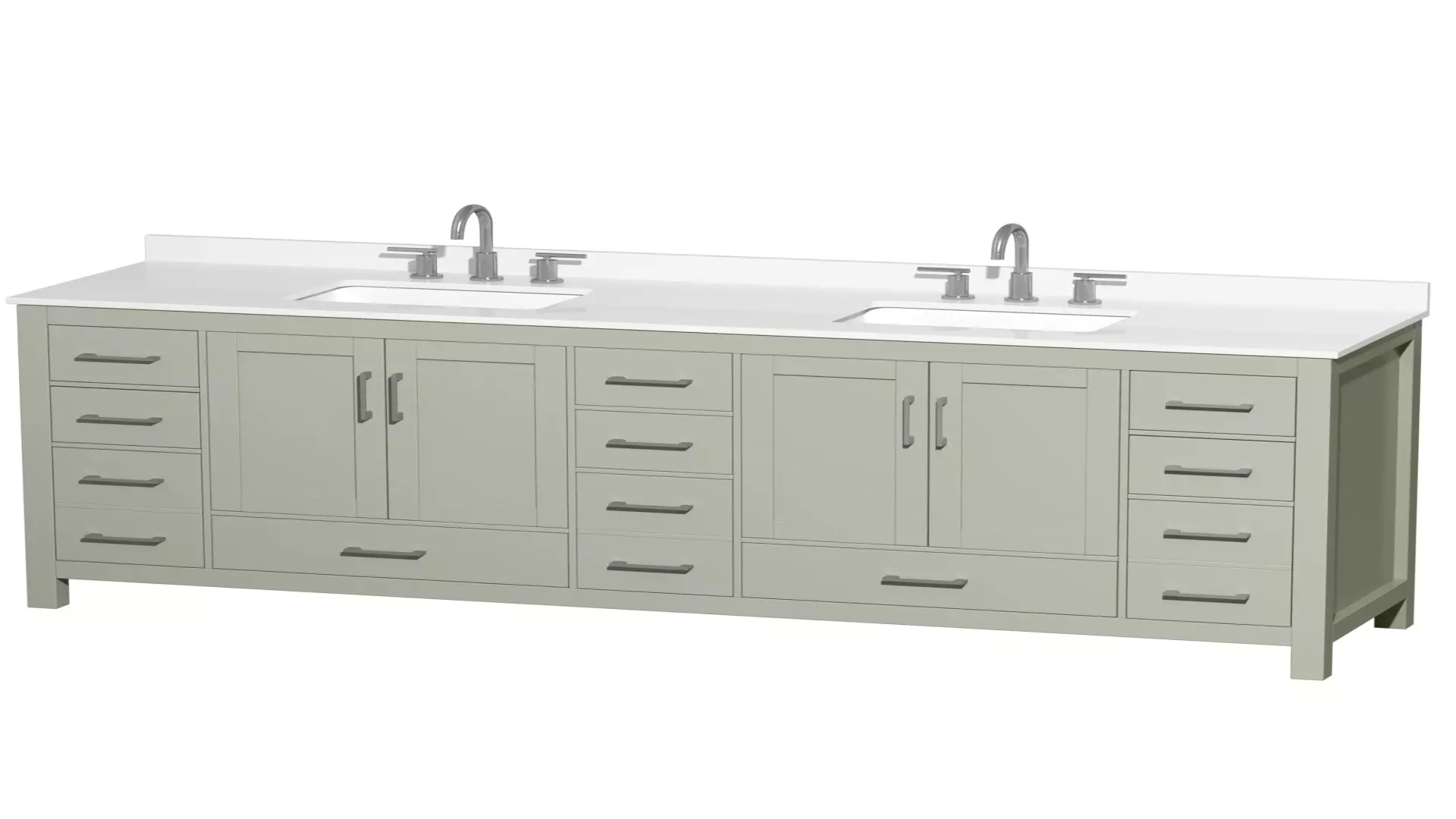 Sheffield 84 Inch Double Bathroom Vanity in Light Green, White Quartz Countertop, Undermount Square Sinks (3-Hole), Brushed Nickel Trim material