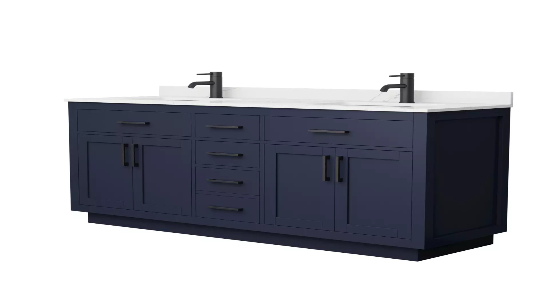 Beckett 66 Inch Double Bathroom Vanity with Toe Kick in Dark Blue, Giotto Quartz Countertop, Undermount Square Sinks (1-Hole), Matte Black Trim material