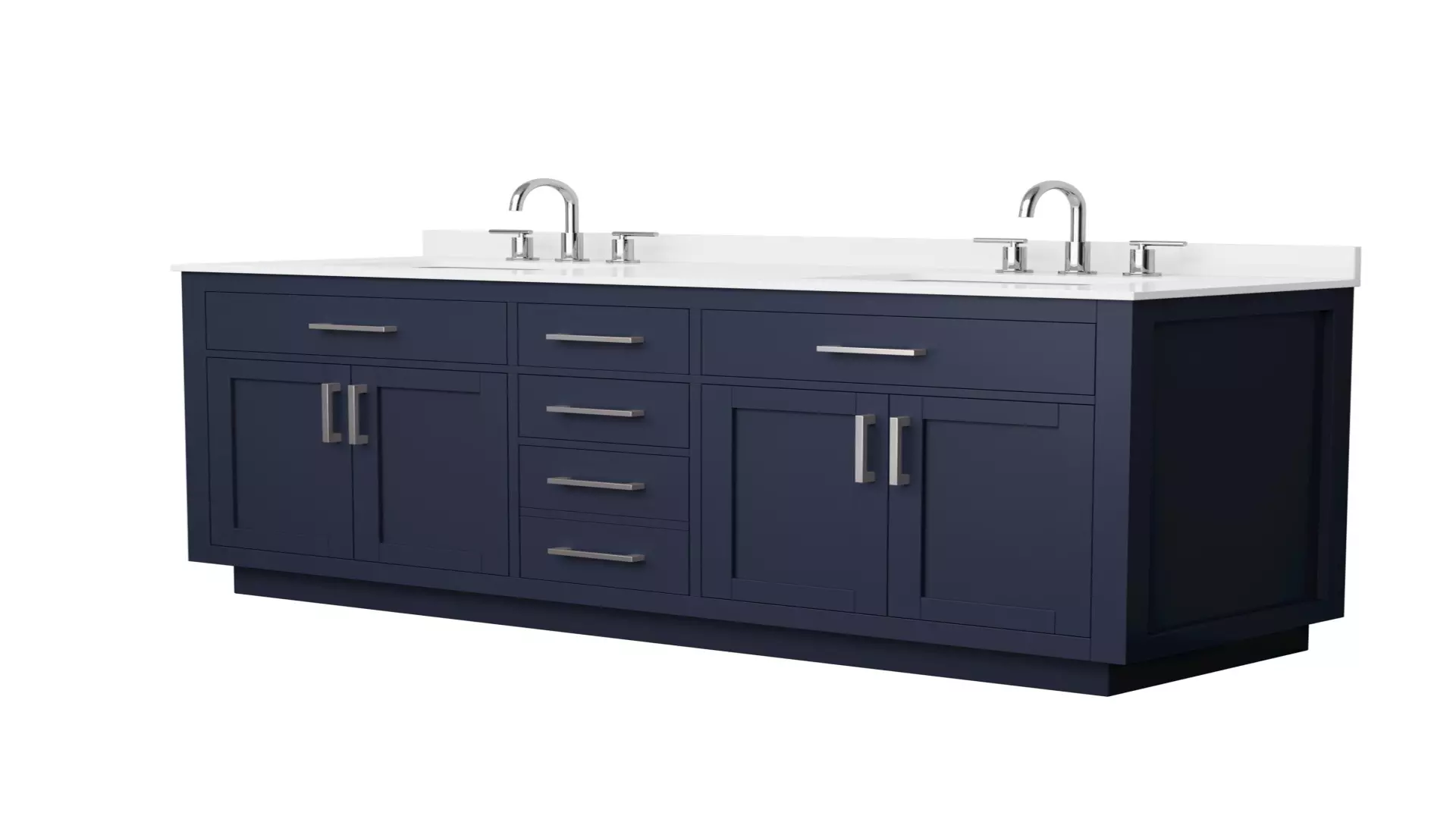 Beckett 66 Inch Double Bathroom Vanity with Toe Kick in Dark Blue, White Quartz Countertop, Undermount Square Sinks (3-Hole), Brushed Nickel Trim material