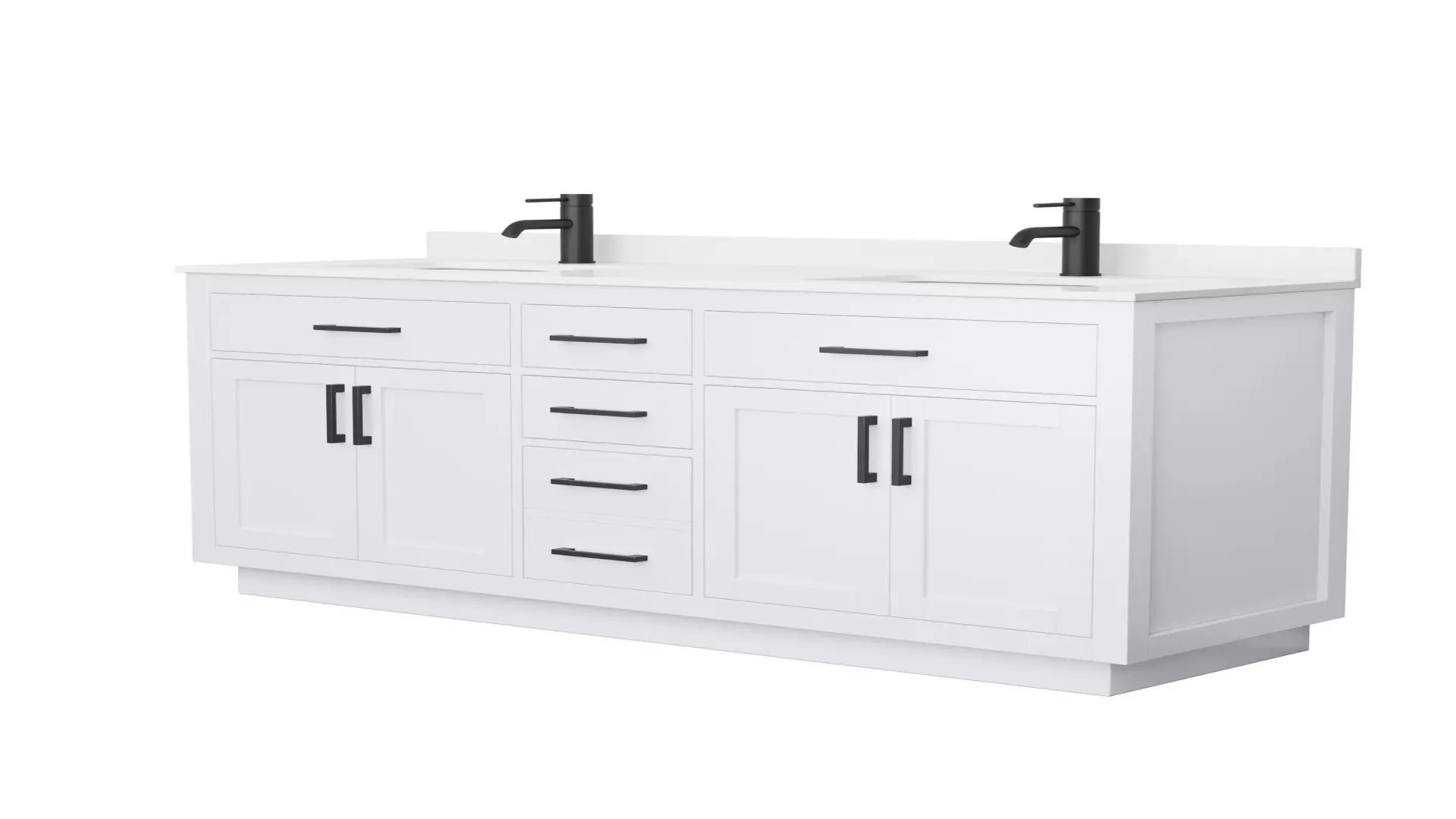 Beckett 66 Inch Double Bathroom Vanity with Toe Kick in White, White Quartz Countertop, Undermount Square Sinks (1-Hole), Matte Black Trim material