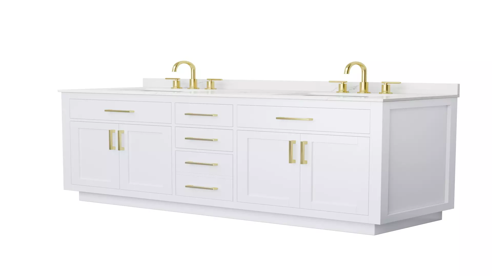 Beckett 66 Inch Double Bathroom Vanity with Toe Kick in White, Giotto Quartz Countertop, Undermount Square Sinks (3-Hole), Brushed Gold Trim material