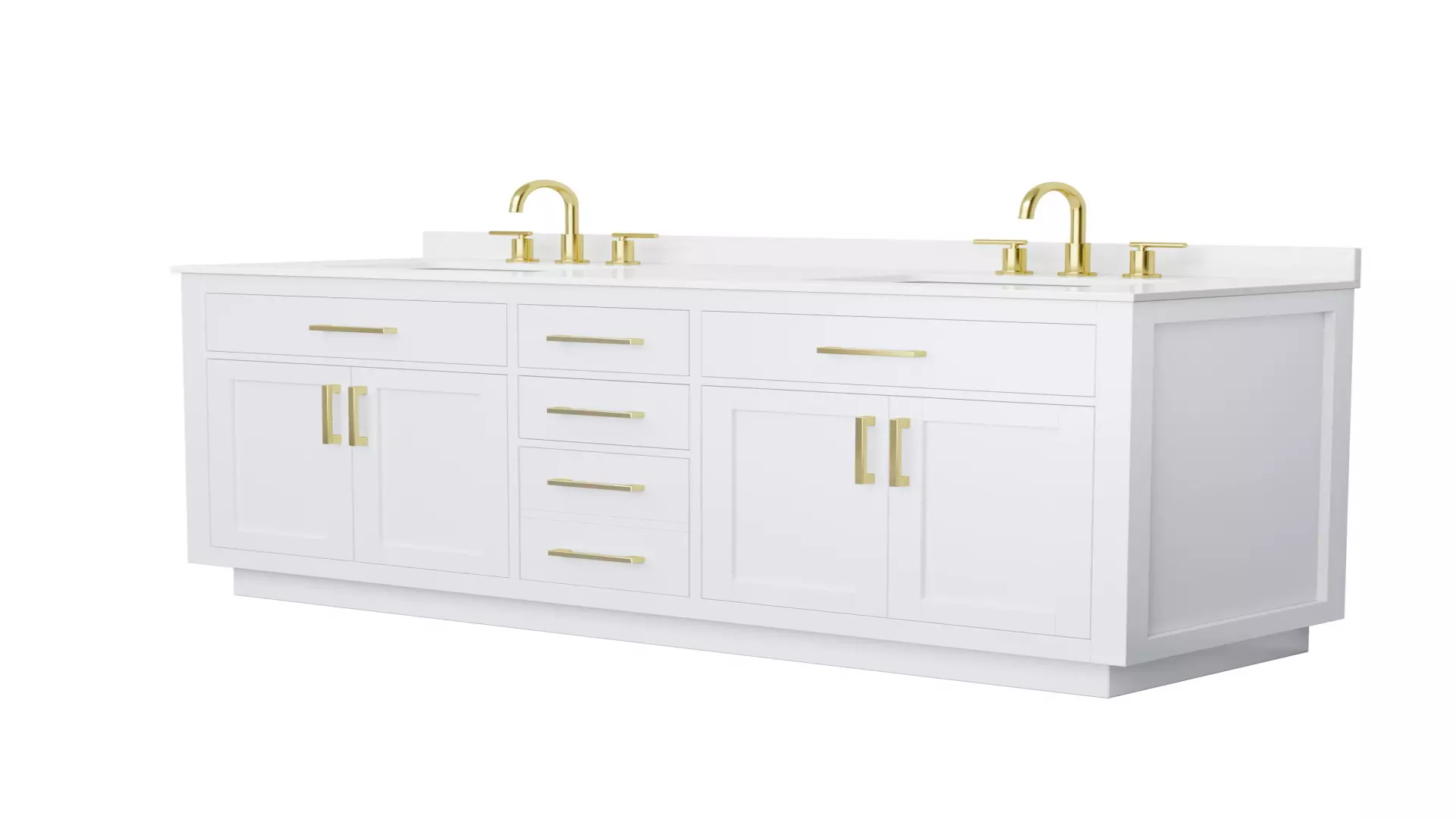 Beckett 66 Inch Double Bathroom Vanity with Toe Kick in White, White Quartz Countertop, Undermount Square Sinks (3-Hole), Brushed Gold Trim material
