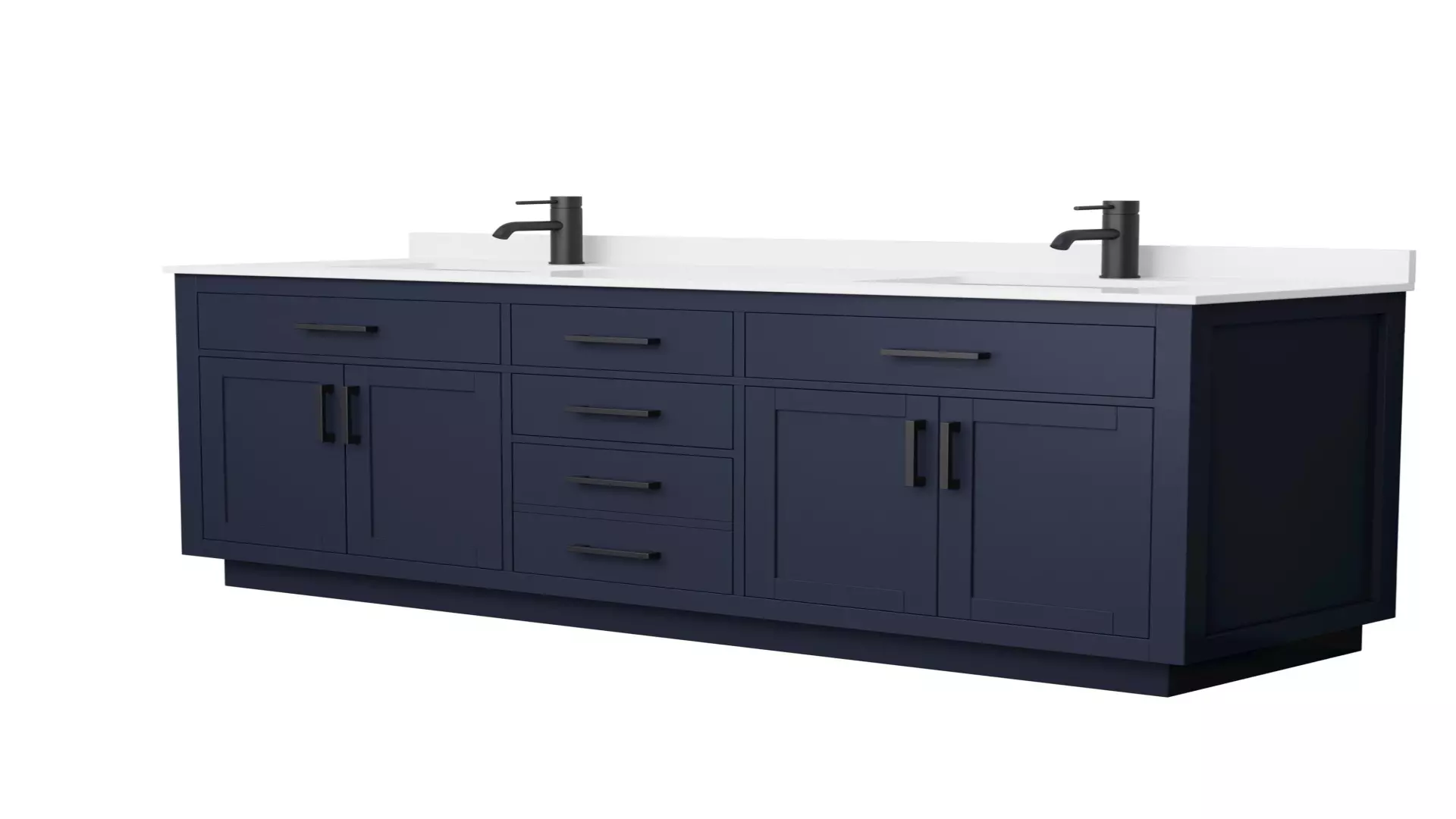 Beckett 72 Inch Double Bathroom Vanity with Toe Kick in Dark Blue, White Quartz Countertop, Undermount Square Sinks (1-Hole), Matte Black Trim material