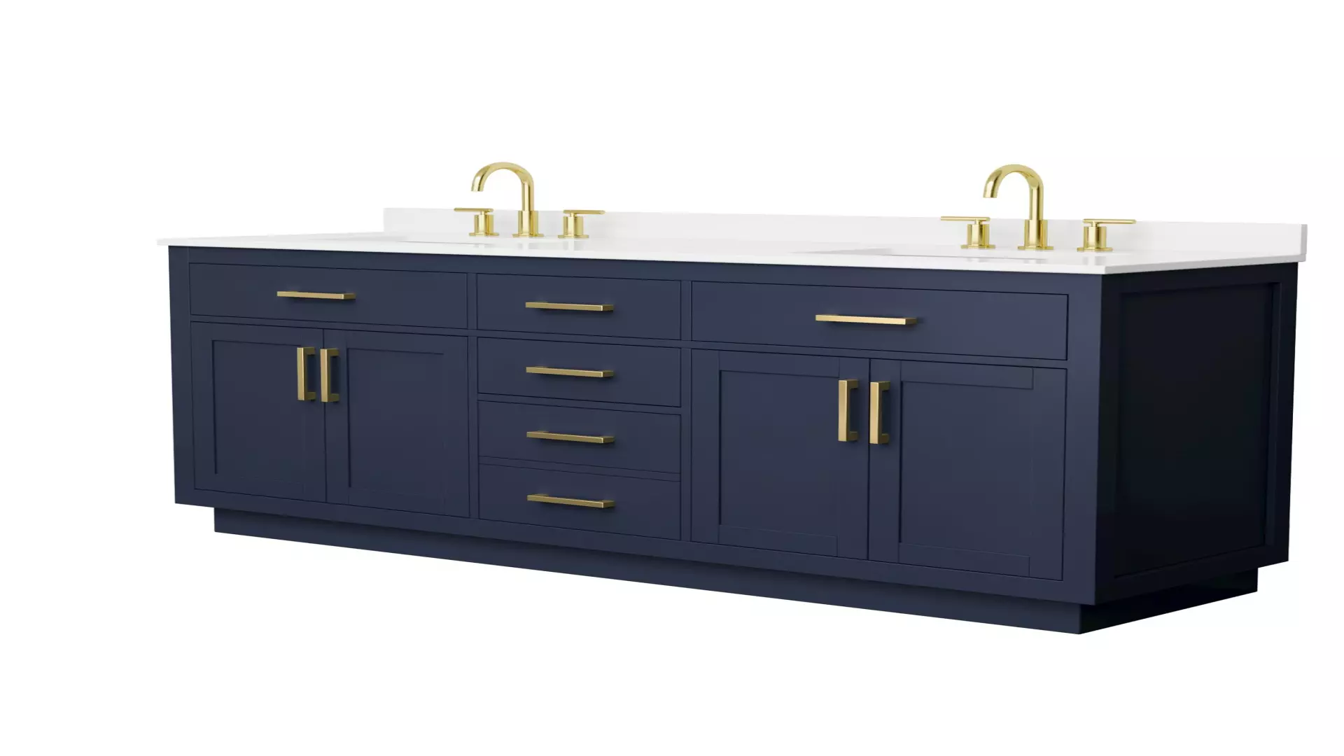 Beckett 72 Inch Double Bathroom Vanity with Toe Kick in Dark Blue, White Quartz Countertop, Undermount Square Sinks (3-Hole), Brushed Gold Trim material