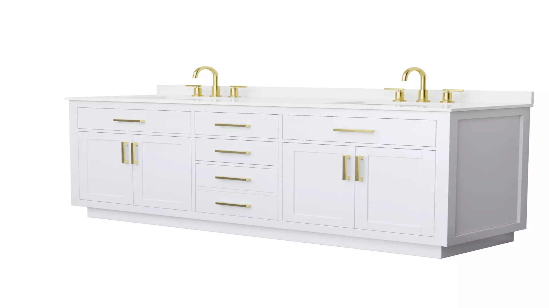 Beckett 72 Inch Double Bathroom Vanity with Toe Kick in White, White Quartz Countertop, Undermount Square Sinks (3-Hole), Brushed Gold Trim material