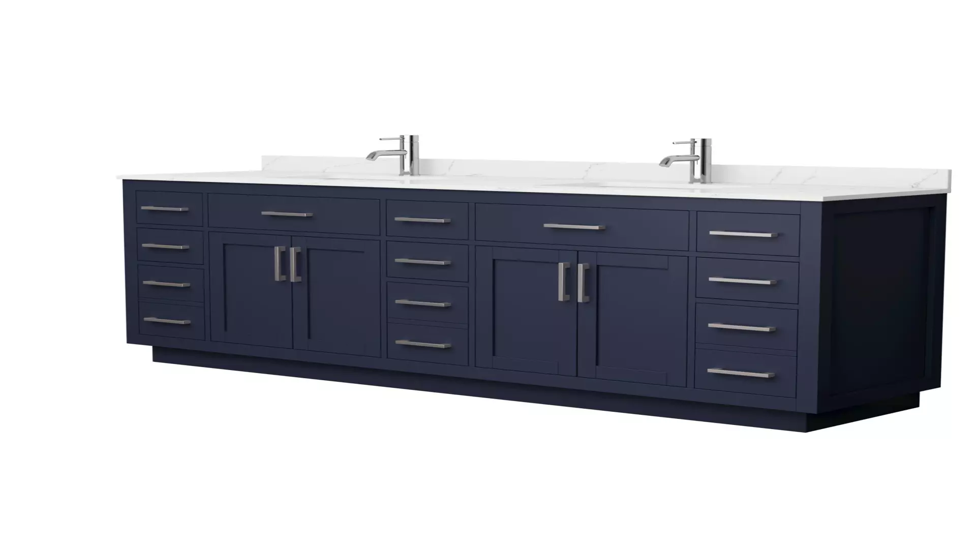 Beckett 84 Inch Double Bathroom Vanity with Toe Kick in Dark Blue, Giotto Quartz Countertop, Undermount Square Sinks (1-Hole), Brushed Nickel Trim material