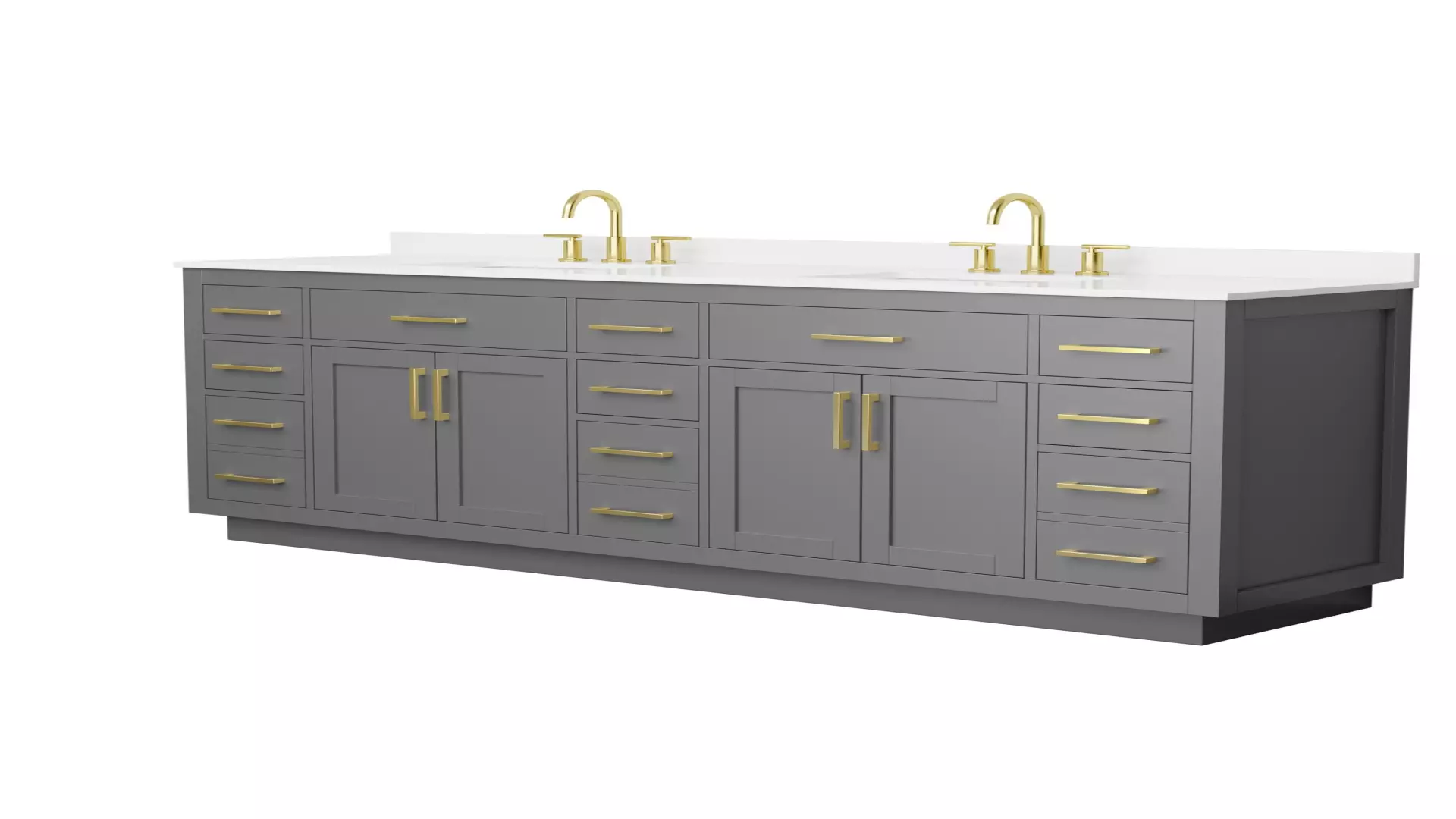 Beckett 84 Inch Double Bathroom Vanity with Toe Kick in Dark Gray, White Quartz Countertop, Undermount Square Sinks (3-Hole), Brushed Gold Trim material