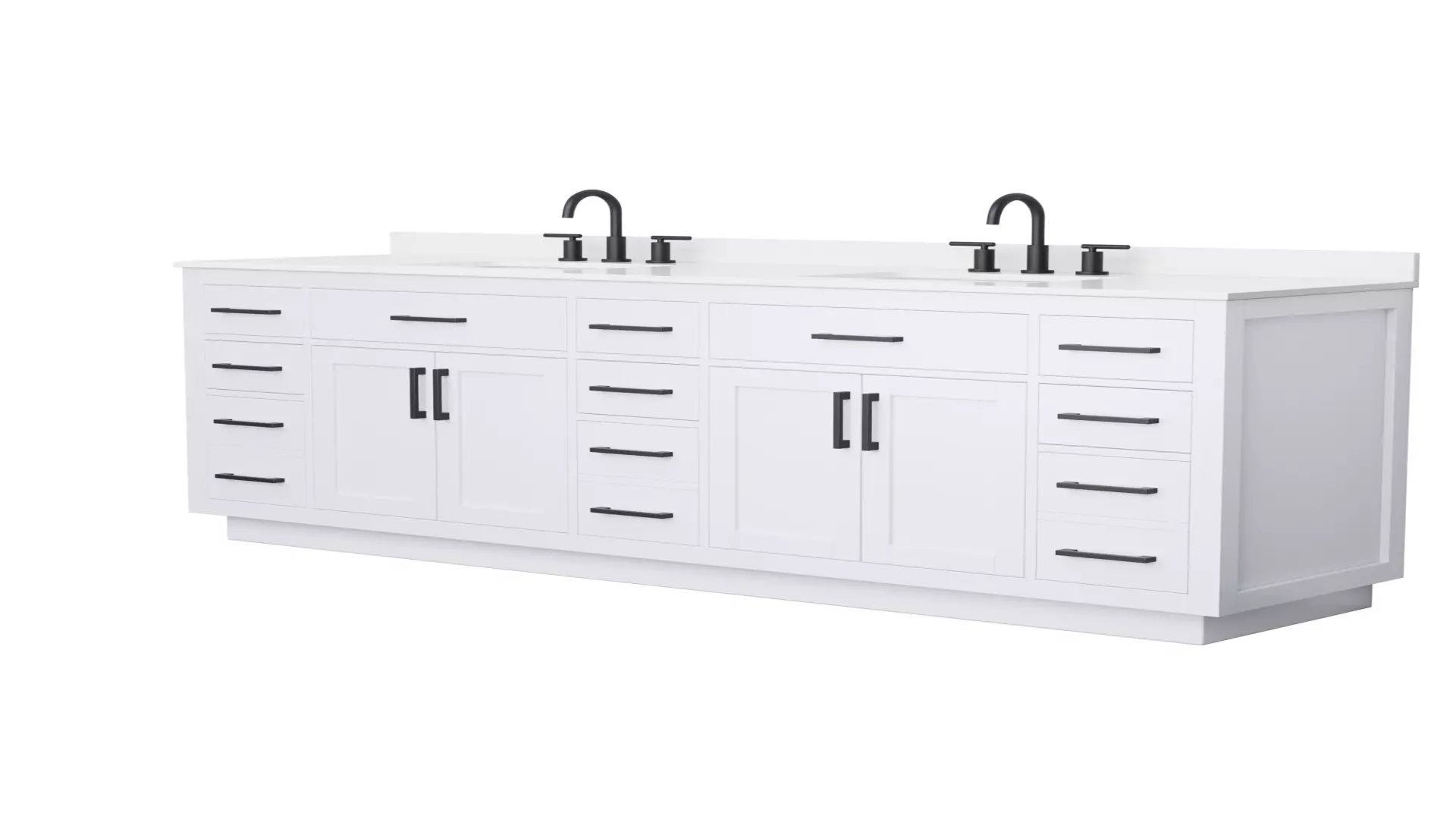 Beckett 84 Inch Double Bathroom Vanity with Toe Kick in White, White Quartz Countertop, Undermount Square Sinks (3-Hole), Matte Black Trim material