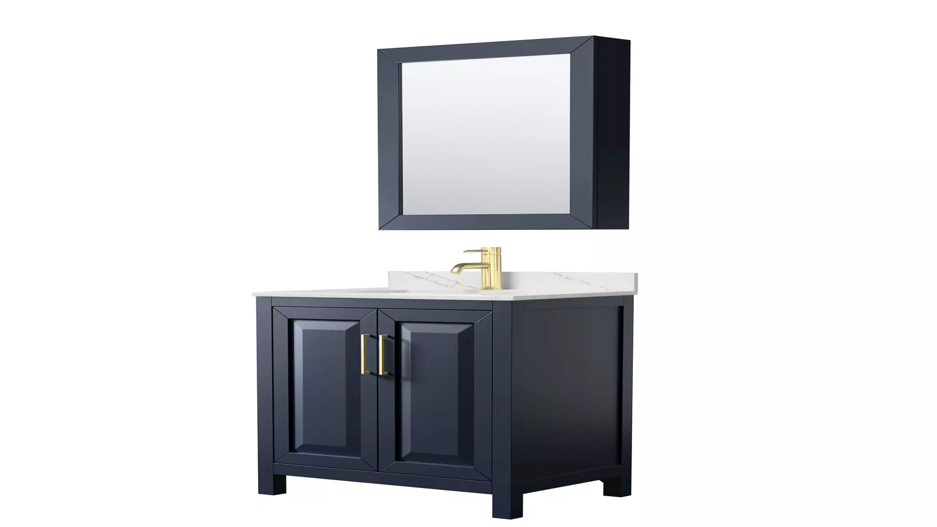 Daria 30 Inch Single Bathroom Vanity in Dark Blue, Giotto Quartz Countertop, Undermount Square Sink (1-Hole), Brushed Gold Trim, Medicine Cabinet material