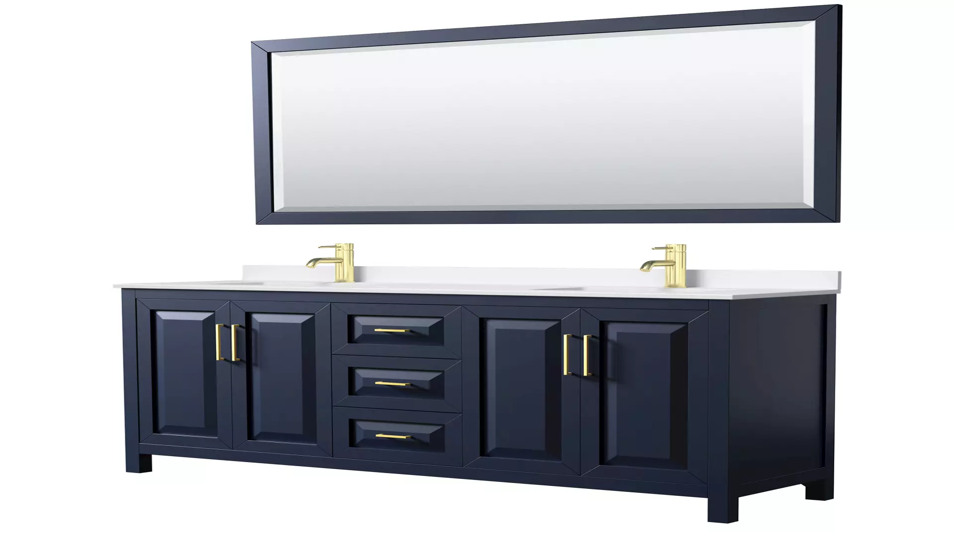 Daria 72 Inch Double Bathroom Vanity in Dark Blue, White Quartz Countertop, Undermount Square Sinks (1-Hole), Brushed Gold Trim, 70 Inch Mirror material