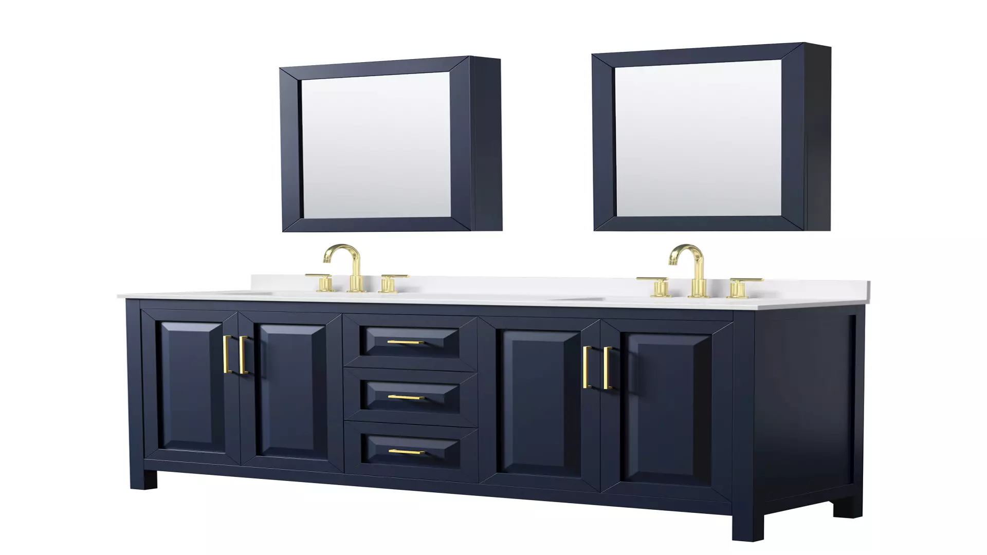 Daria 72 Inch Double Bathroom Vanity in Dark Blue, White Quartz Countertop, Undermount Square Sinks (3-Hole), Brushed Gold Trim, Medicine Cabinets material