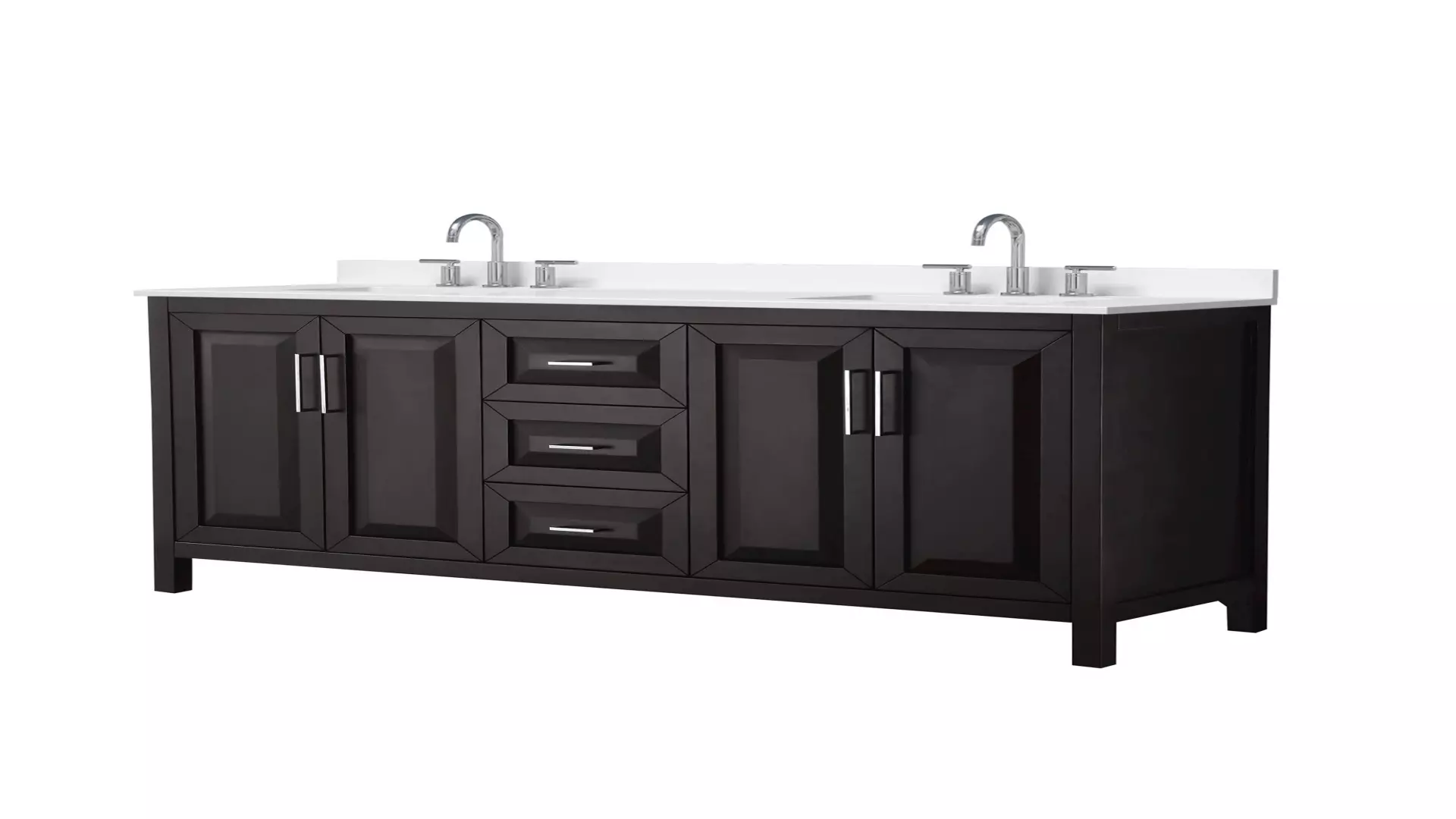 Daria 72 Inch Double Bathroom Vanity in Dark Espresso, White Quartz Countertop, Undermount Square Sinks (3-Hole), Polished Chrome Trim material