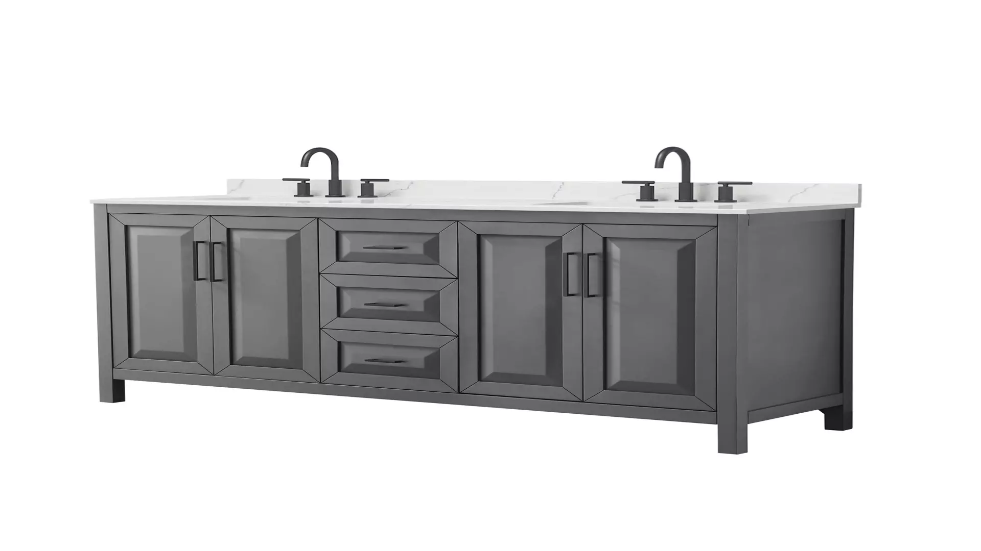 Daria 72 Inch Double Bathroom Vanity in Dark Gray, Giotto Quartz Countertop, Undermount Square Sinks (3-Hole), Matte Black Trim material