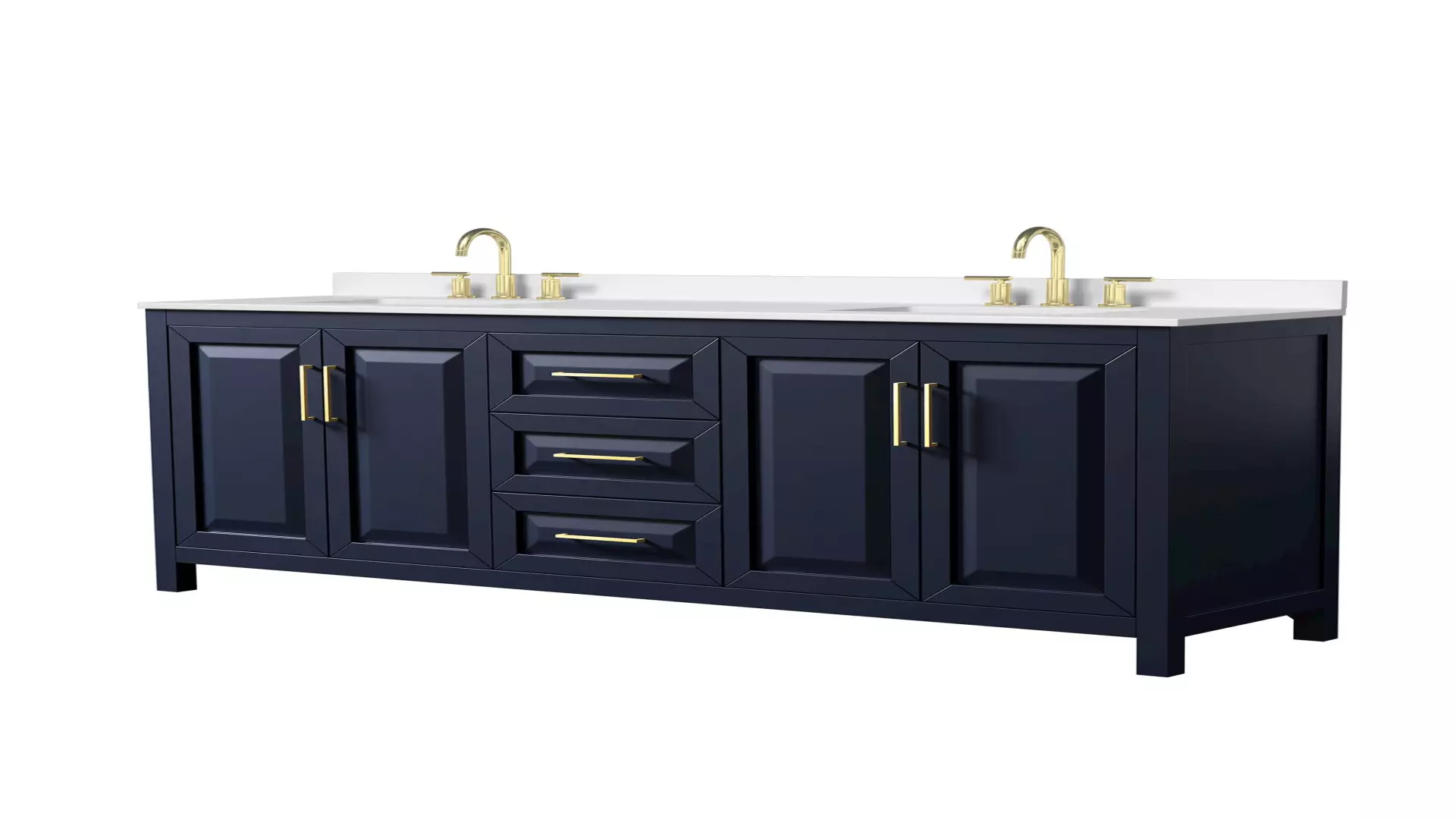 Daria 80 Inch Double Bathroom Vanity in Dark Blue, White Quartz Countertop, Undermount Square Sinks (3-Hole), Brushed Gold Trim material